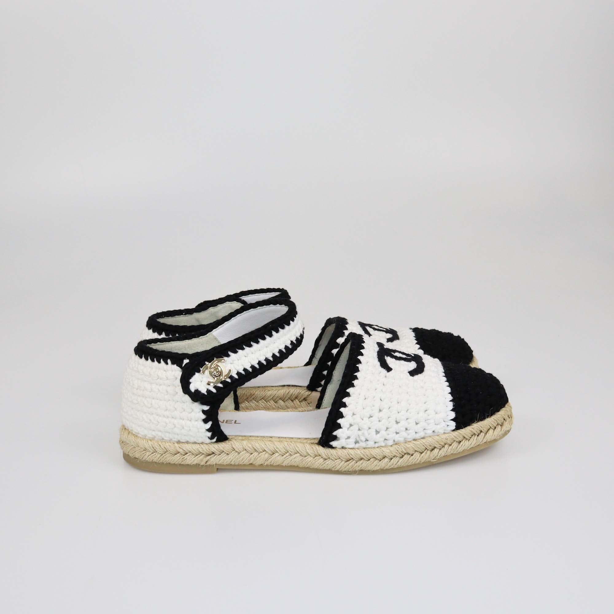 Chanel White/Black Crochet CC Espadrilles Flats Womens Chanel 