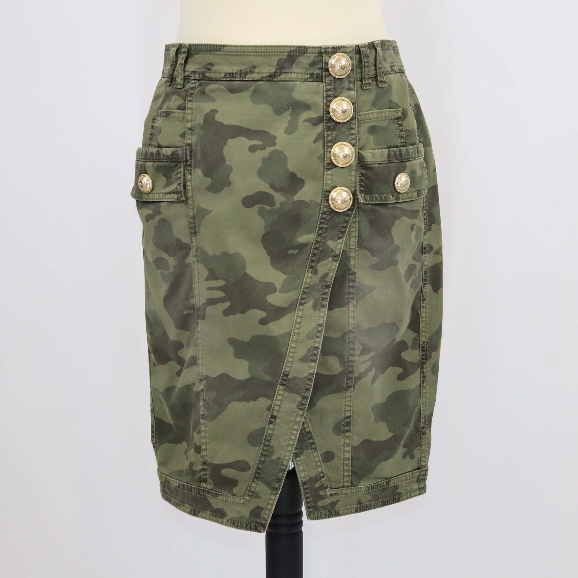 Balmain Green Camouflage Cotton Button Skirt
