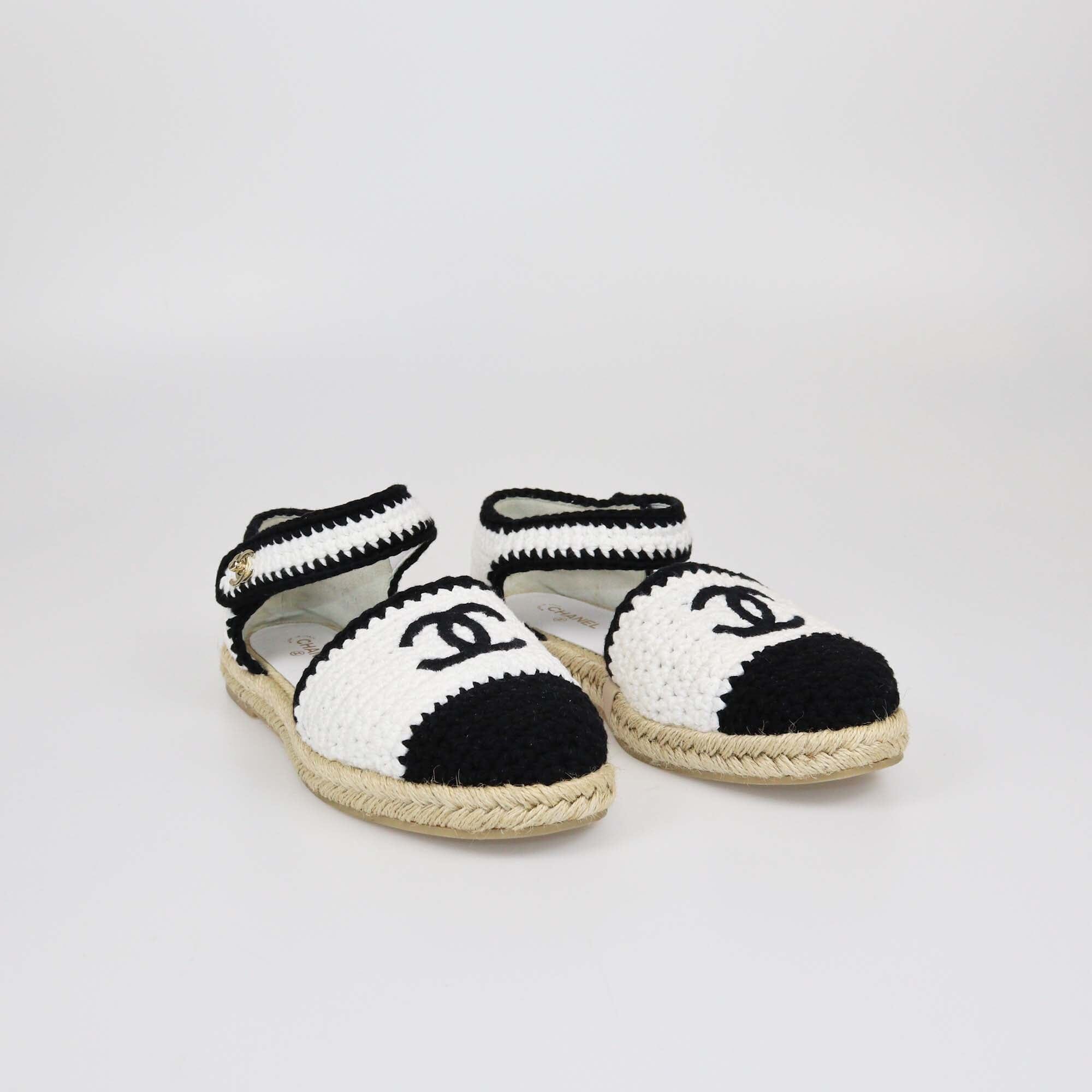 Chanel White/Black Crochet CC Espadrilles Flats Womens Chanel 