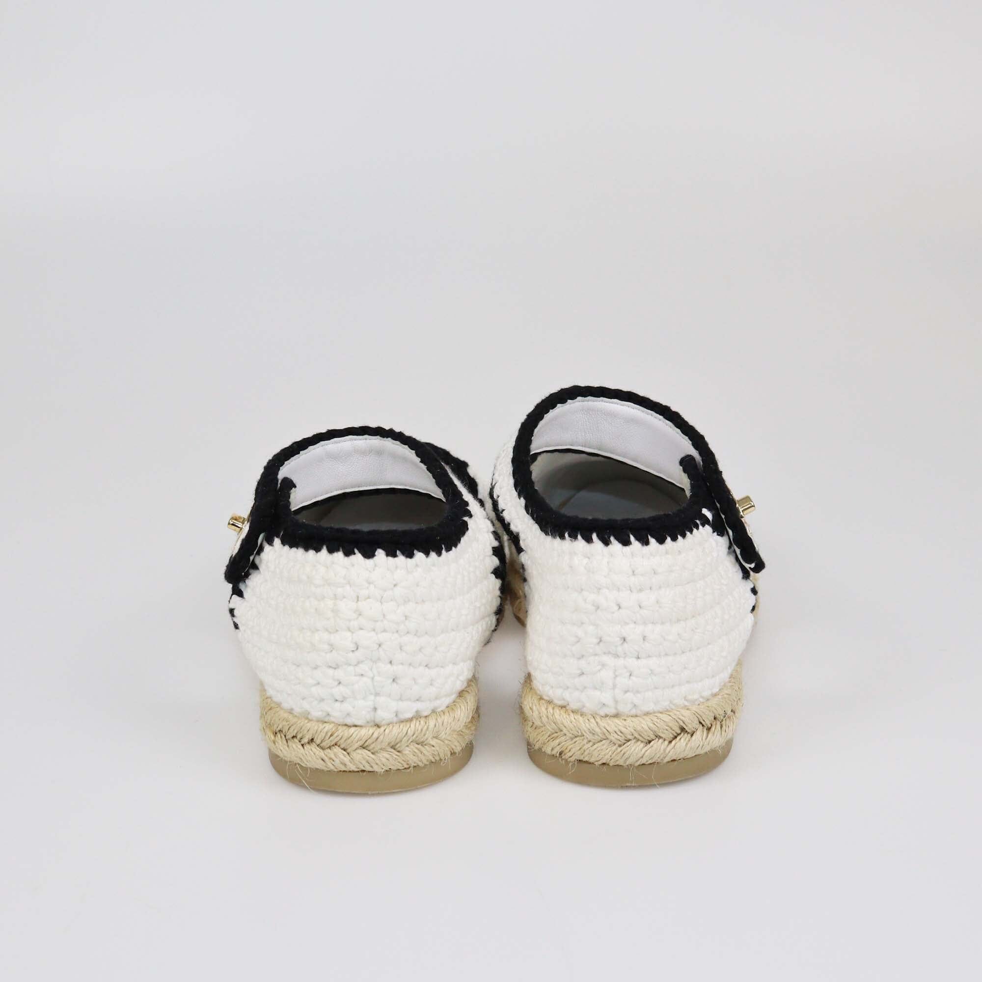 Chanel White/Black Crochet CC Espadrilles Flats Womens Chanel 