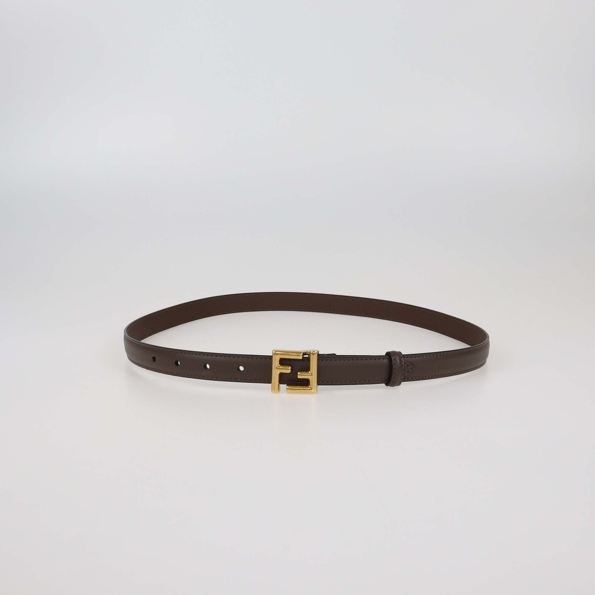Fendi Brown Leather Slim FF Buckle Belt Womens Fendi 