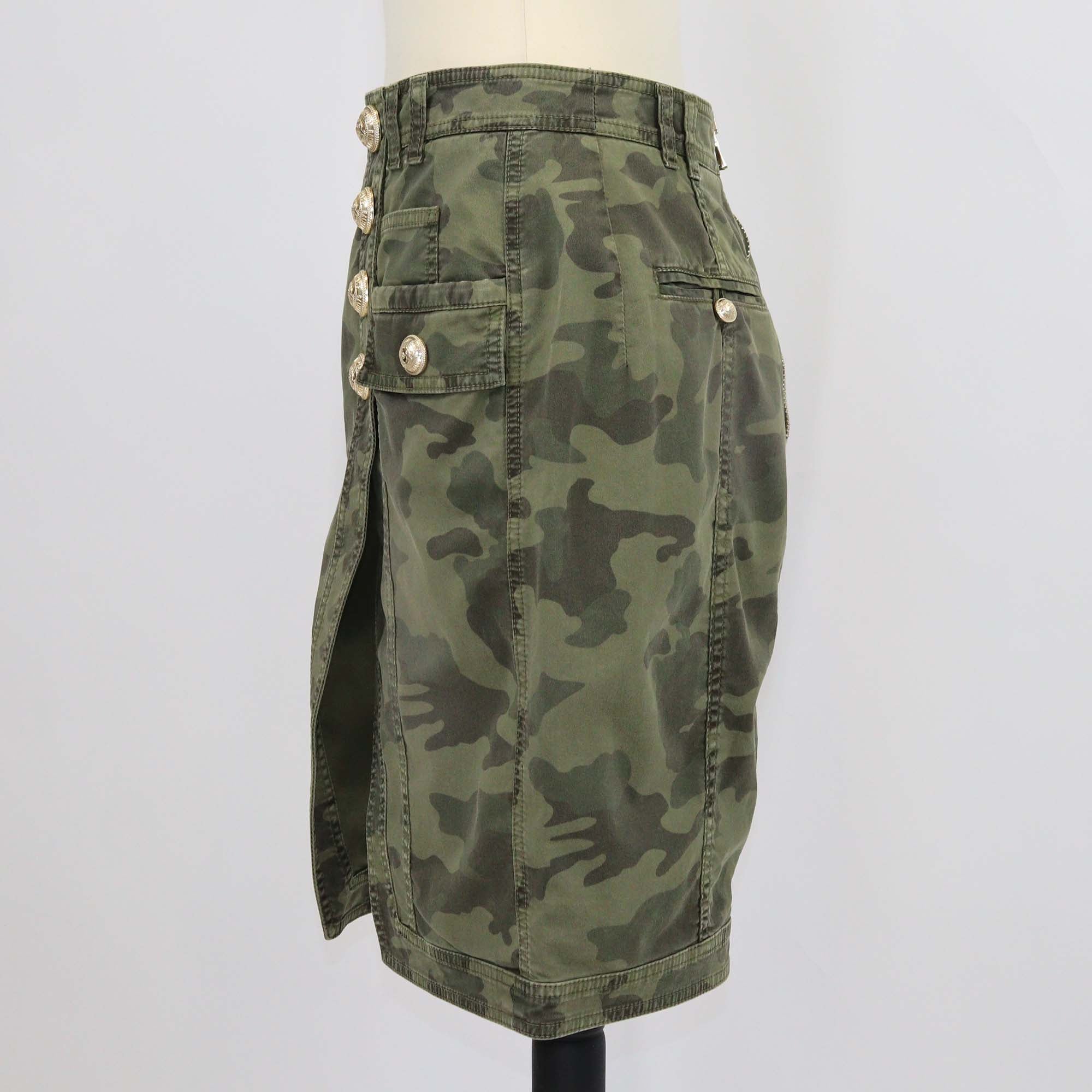 Balmain Green Camouflage Cotton Button Skirt