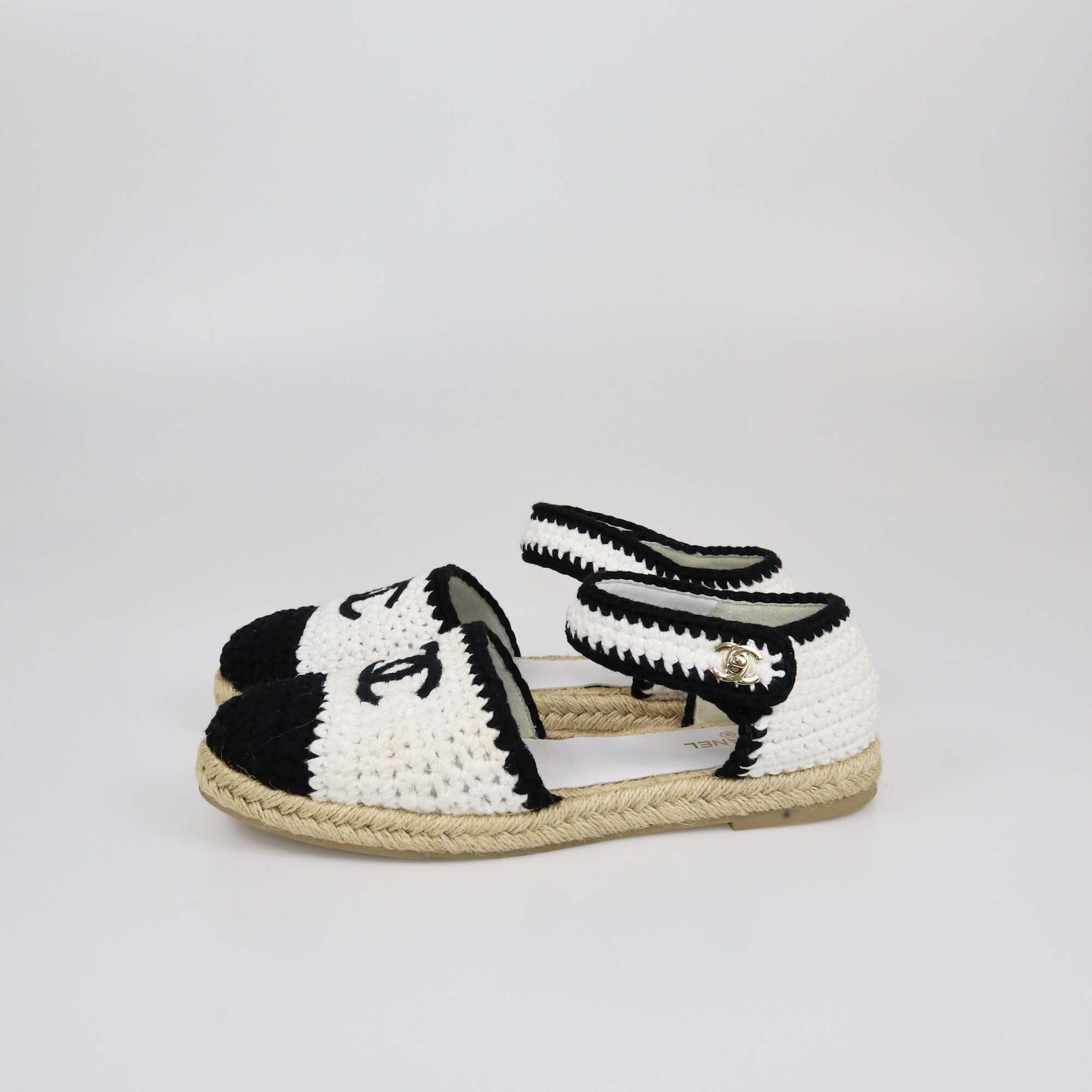 Chanel White/Black Crochet CC Espadrilles Flats Womens Chanel 