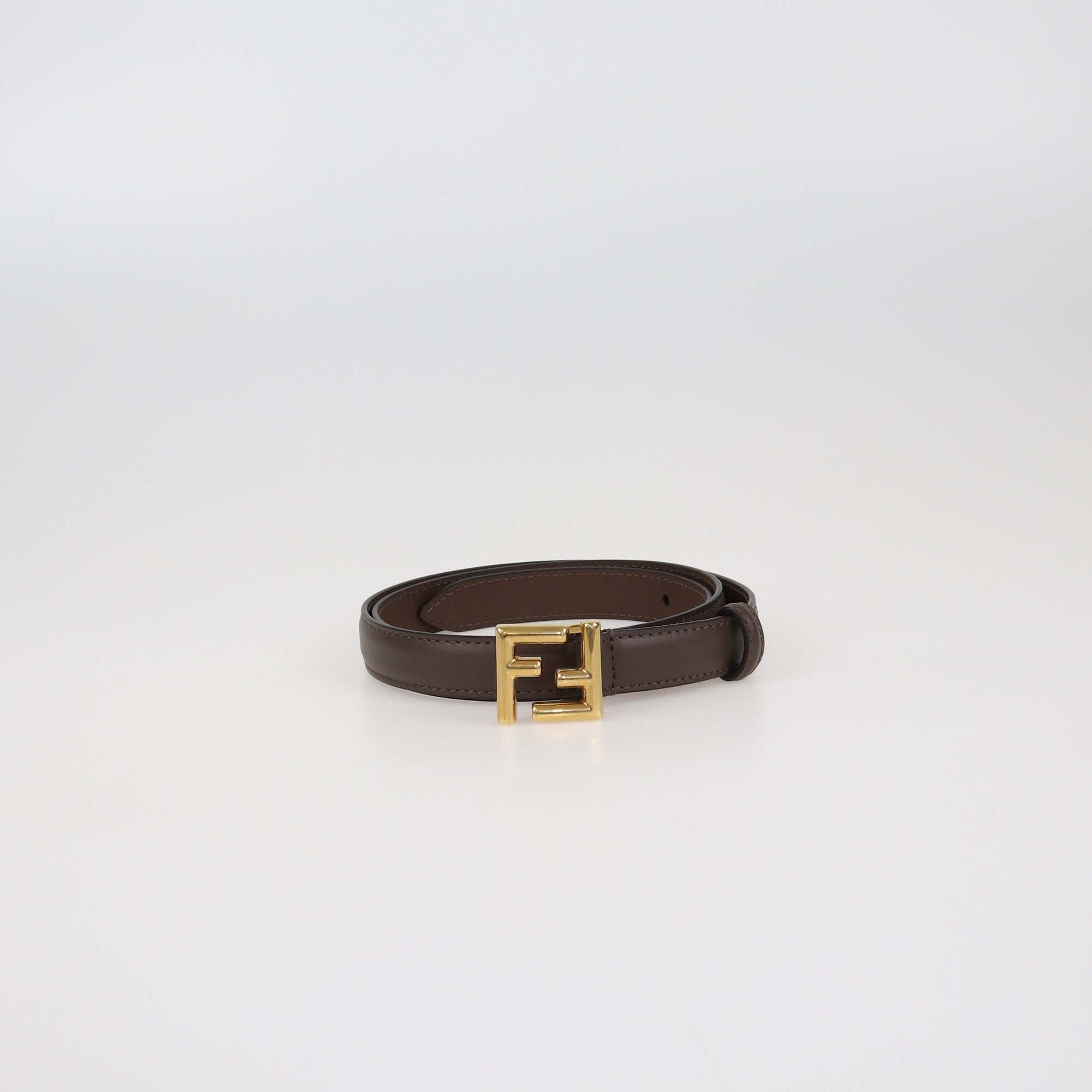 Fendi Brown Leather Slim FF Buckle Belt Womens Fendi 