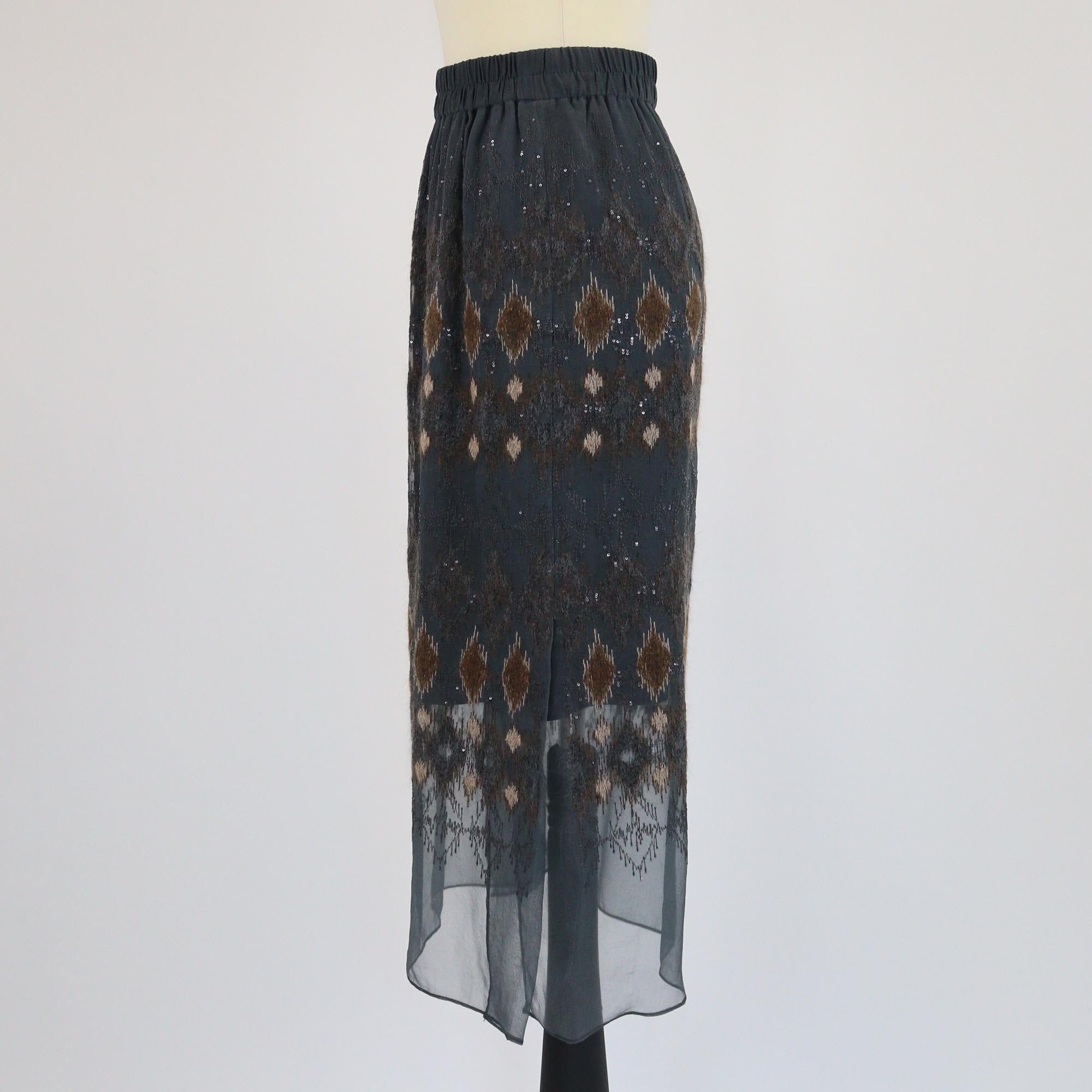 Brunello Cucinelli Dark Grey Sequins Emboidered Midi Skirt Womens Brunello Cucinelli 