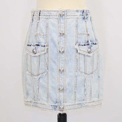 Balmain Washed Blue Denim Button Mini Skirt