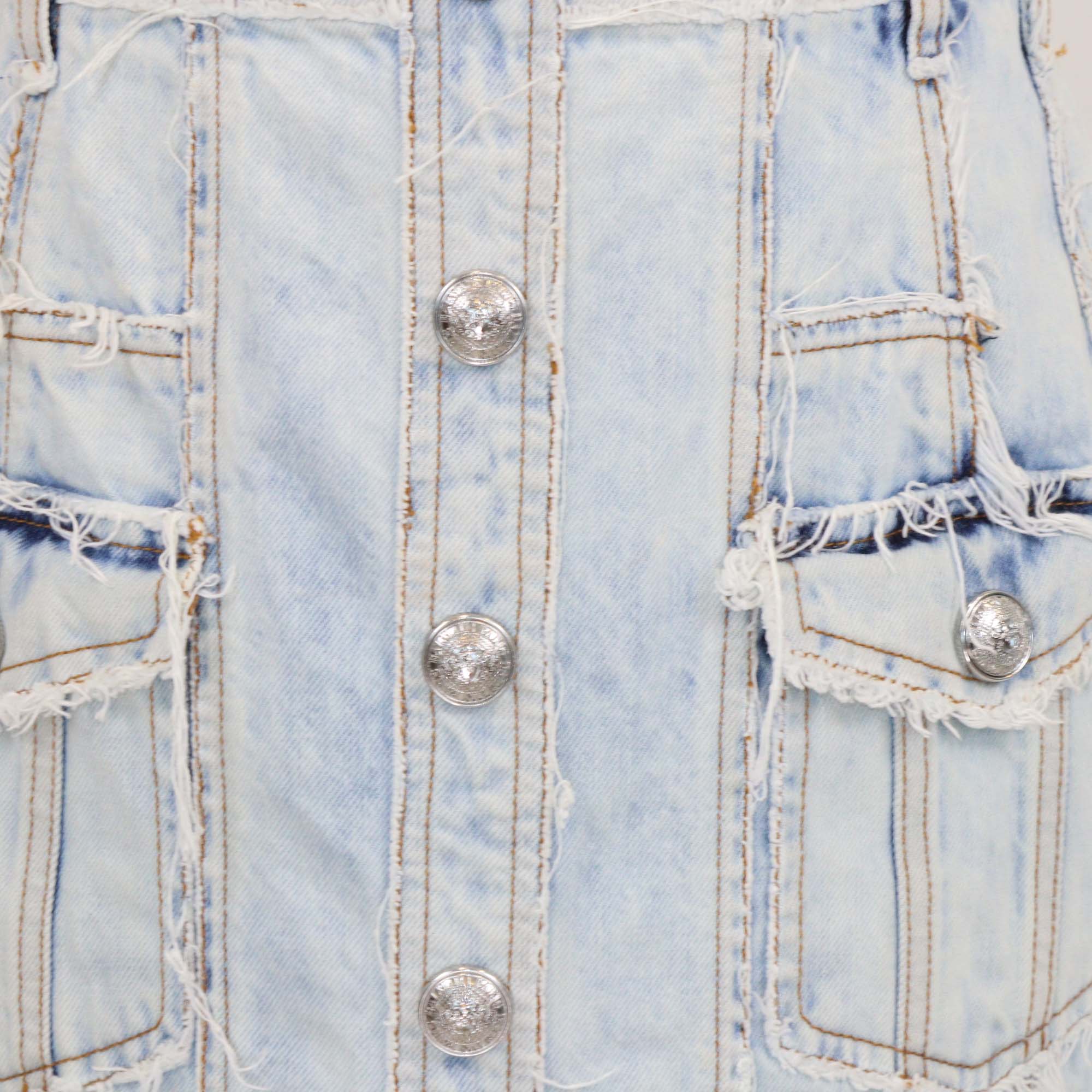 Balmain Washed Blue Denim Button Mini Skirt