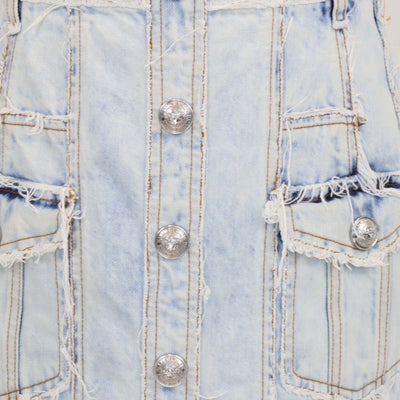 Balmain Washed Blue Denim Button Mini Skirt