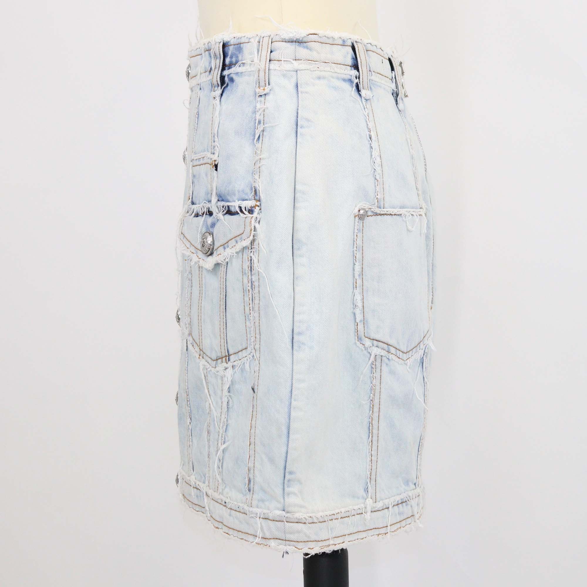 Balmain Washed Blue Denim Button Mini Skirt