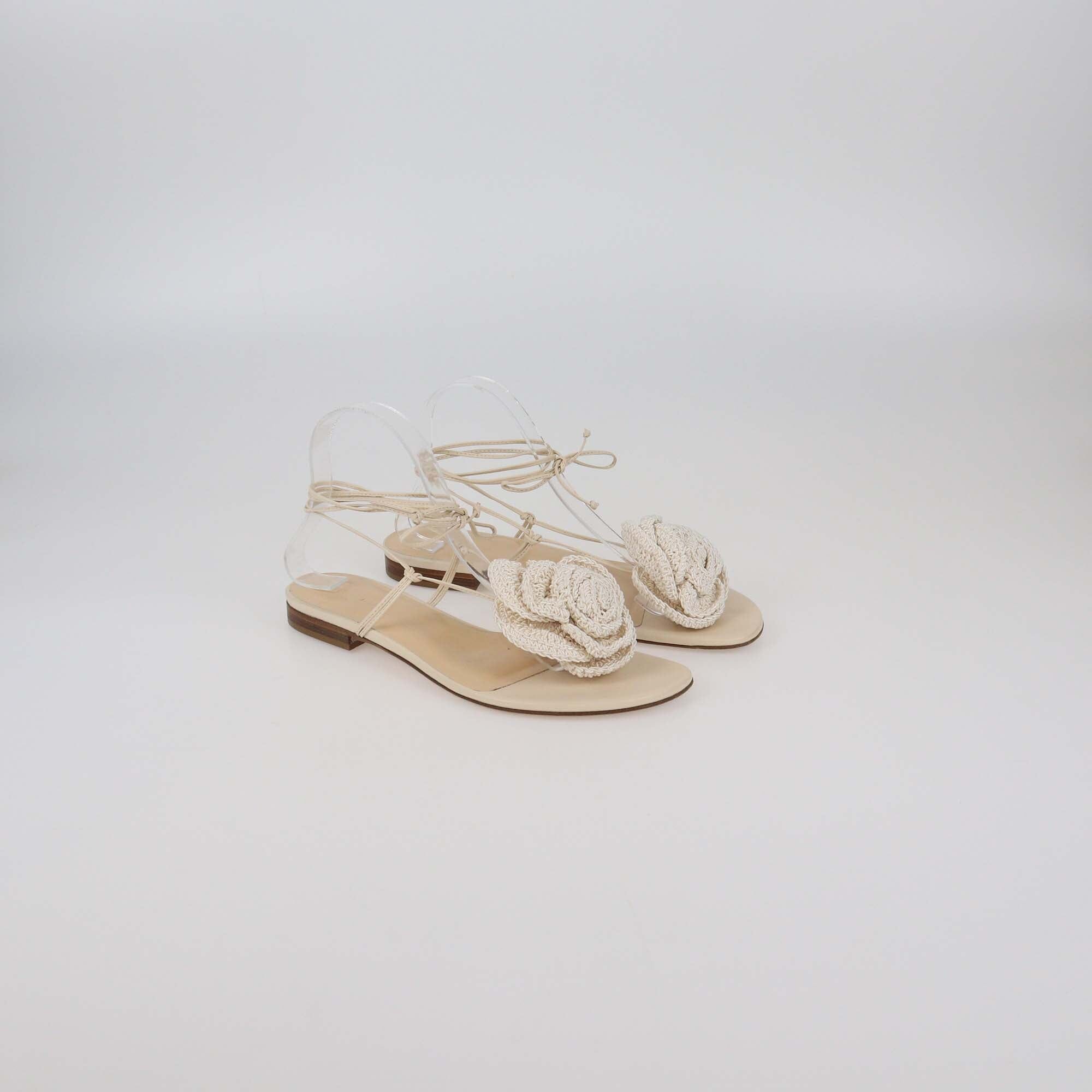 Magda Butrym Cream Crochet Flower Fabric and Leather Wrap Around Flat Sandals Womens Magda Butrym 