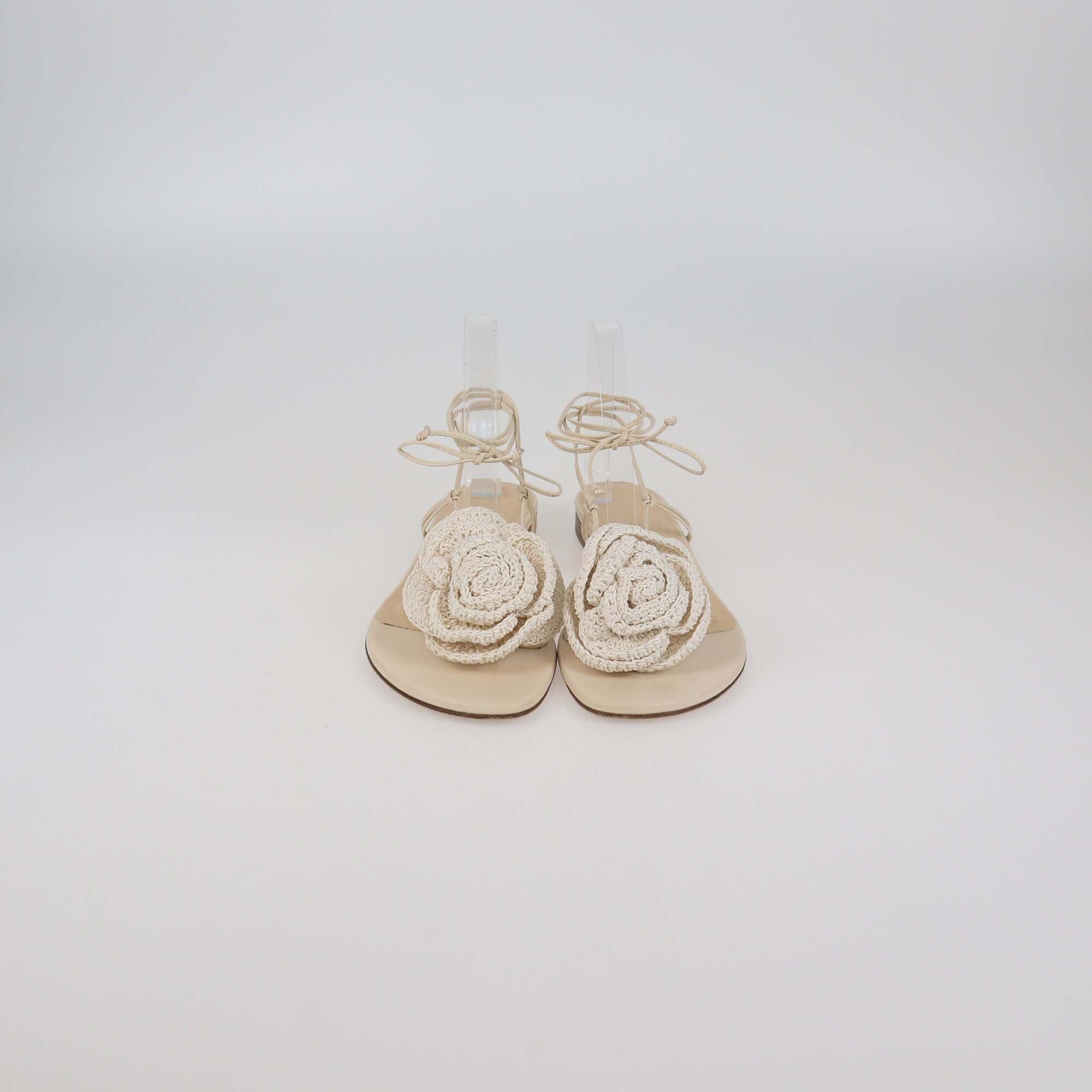 Magda Butrym Cream Crochet Flower Fabric and Leather Wrap Around Flat Sandals Womens Magda Butrym 