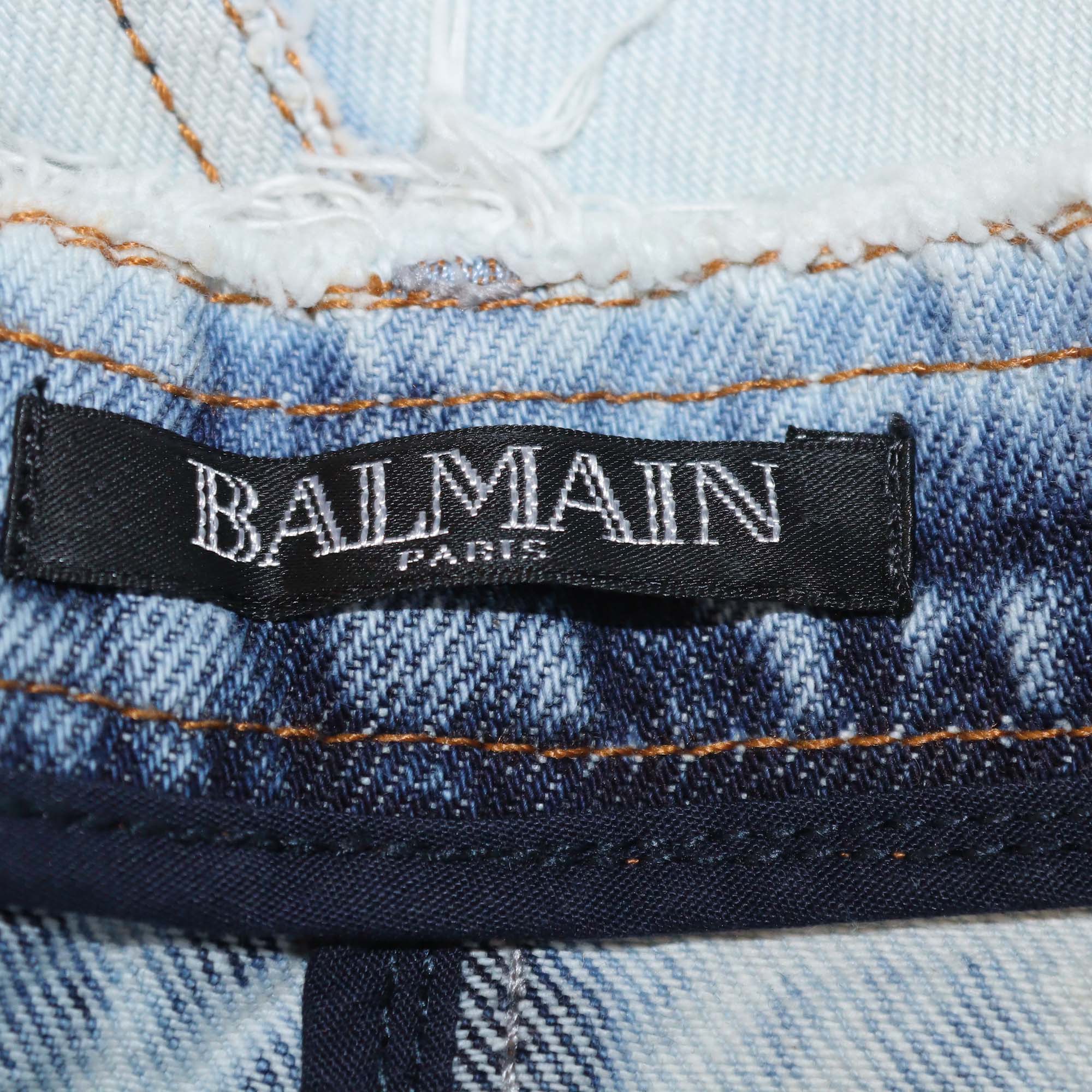 Balmain Washed Blue Denim Button Mini Skirt