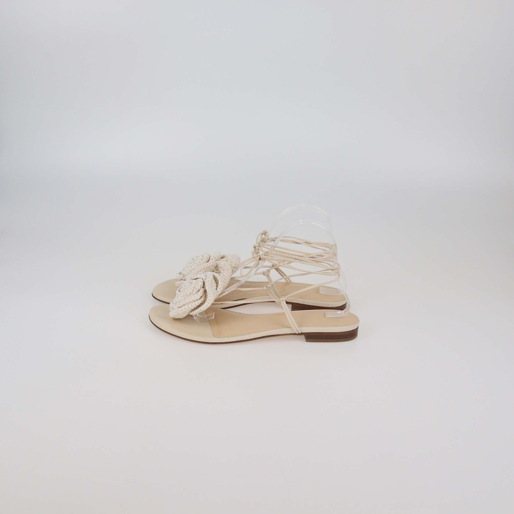 Magda Butrym Cream Crochet Flower Fabric and Leather Wrap Around Flat Sandals Womens Magda Butrym 
