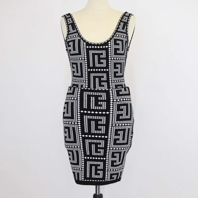 Balmain Black/White Blend Viscose Jacquard Mosaic Bodysuit & Skirt Suit