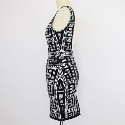 Balmain Black/White Blend Viscose Jacquard Mosaic Bodysuit & Skirt Suit
