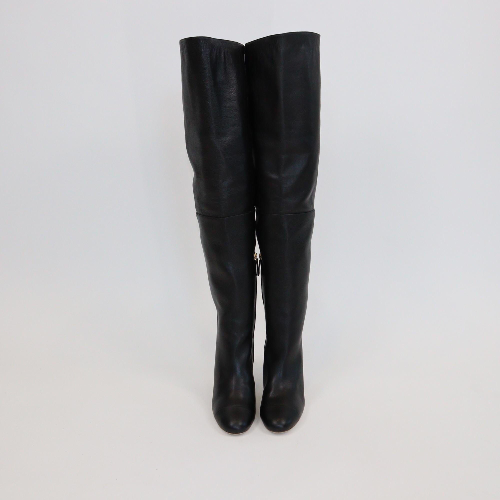 Chanel Black CC High Knee Boots Womens Chanel 