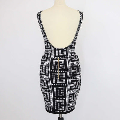 Balmain Black/White Blend Viscose Jacquard Mosaic Bodysuit & Skirt Suit