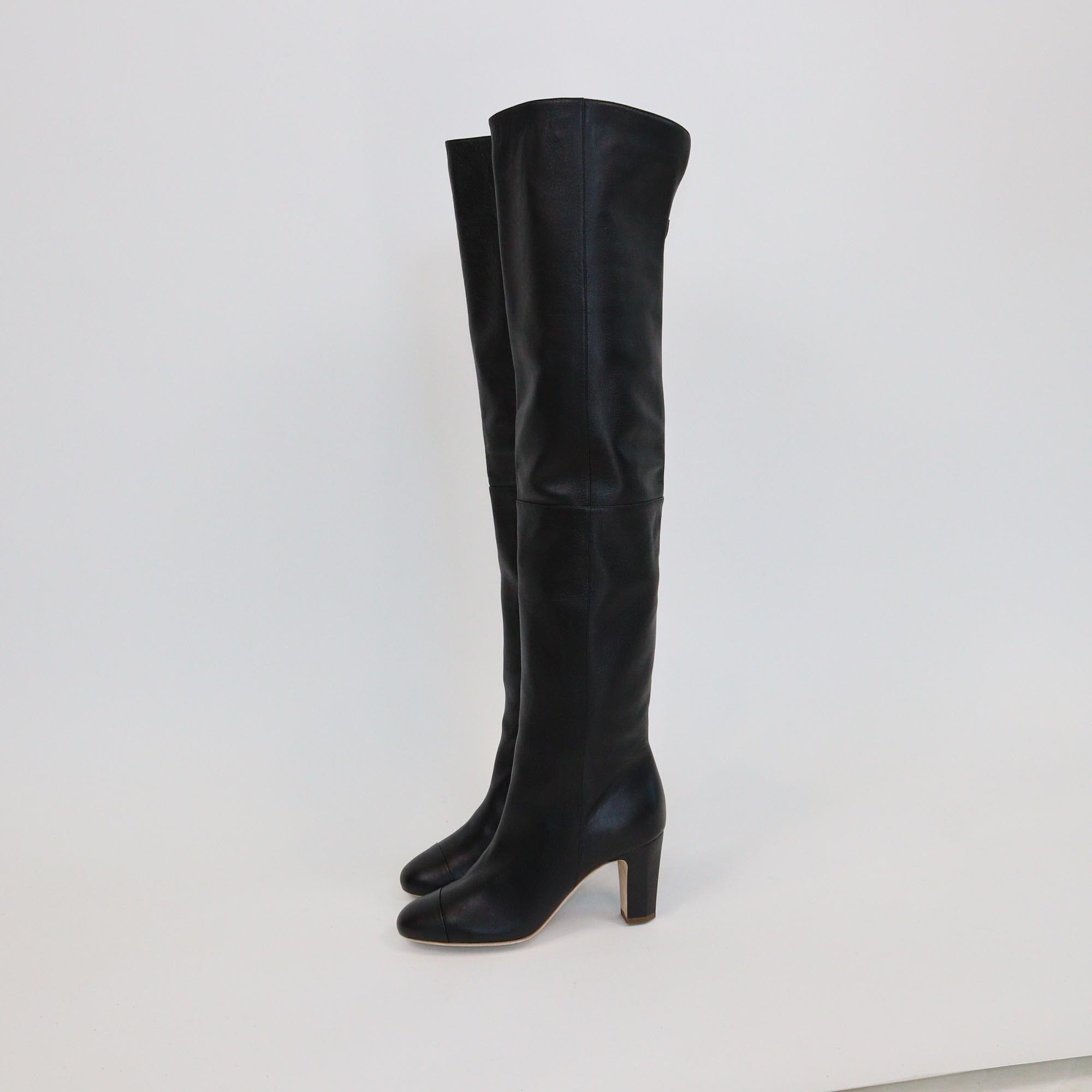 Chanel Black CC High Knee Boots Womens Chanel 