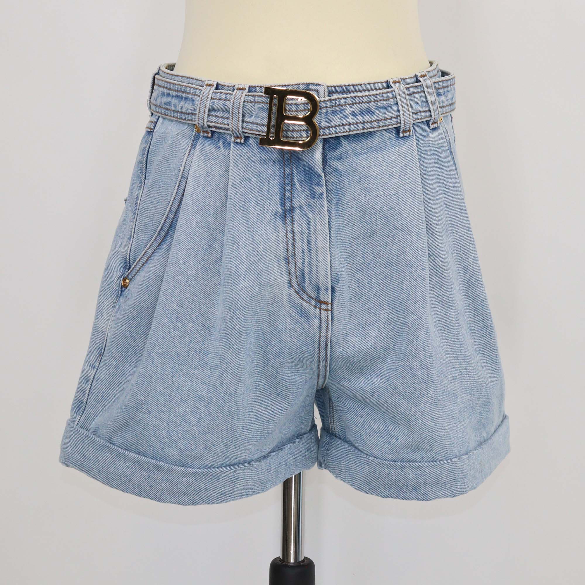 Balmain Blue Denim Logo Belt Mini Short