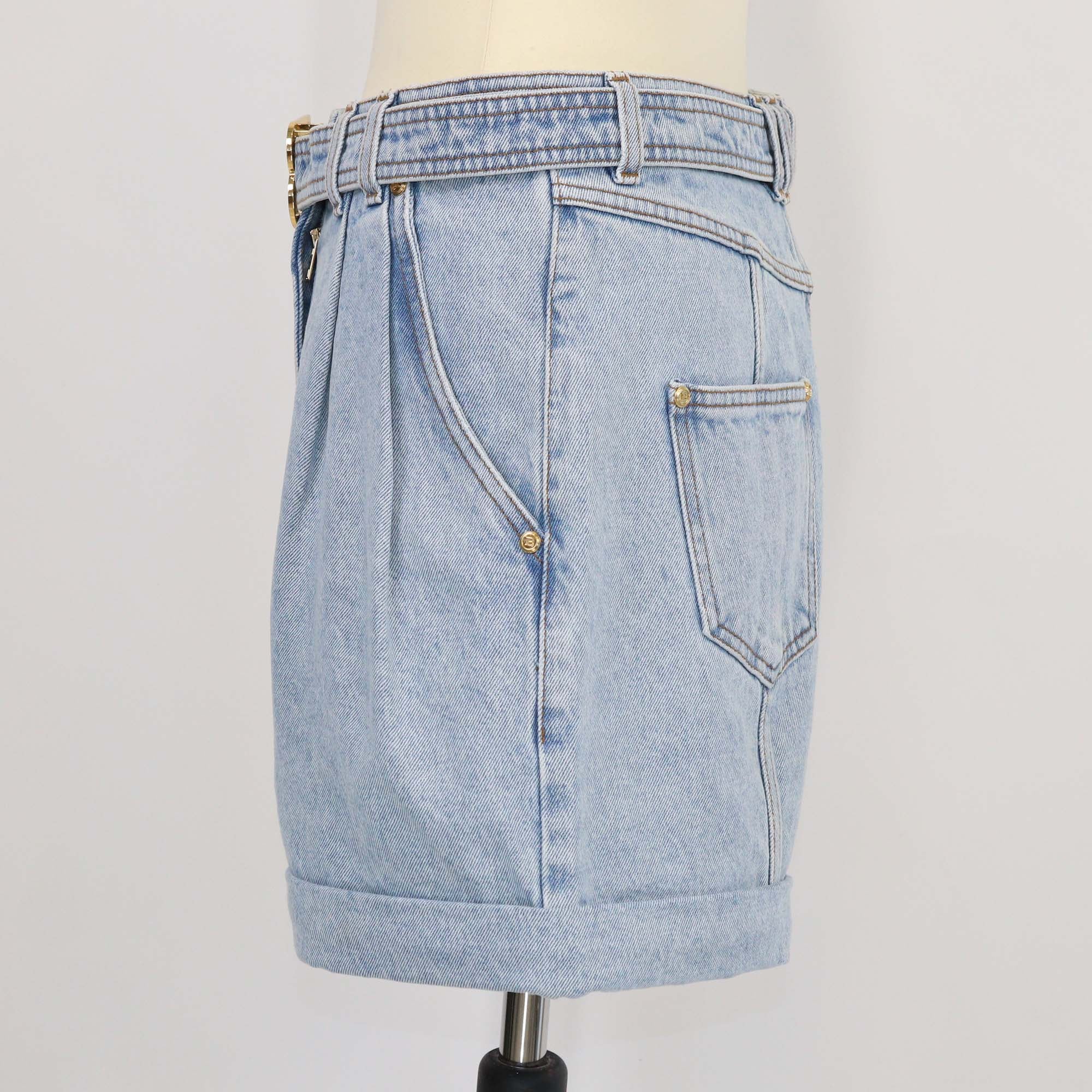 Balmain Blue Denim Logo Belt Mini Short