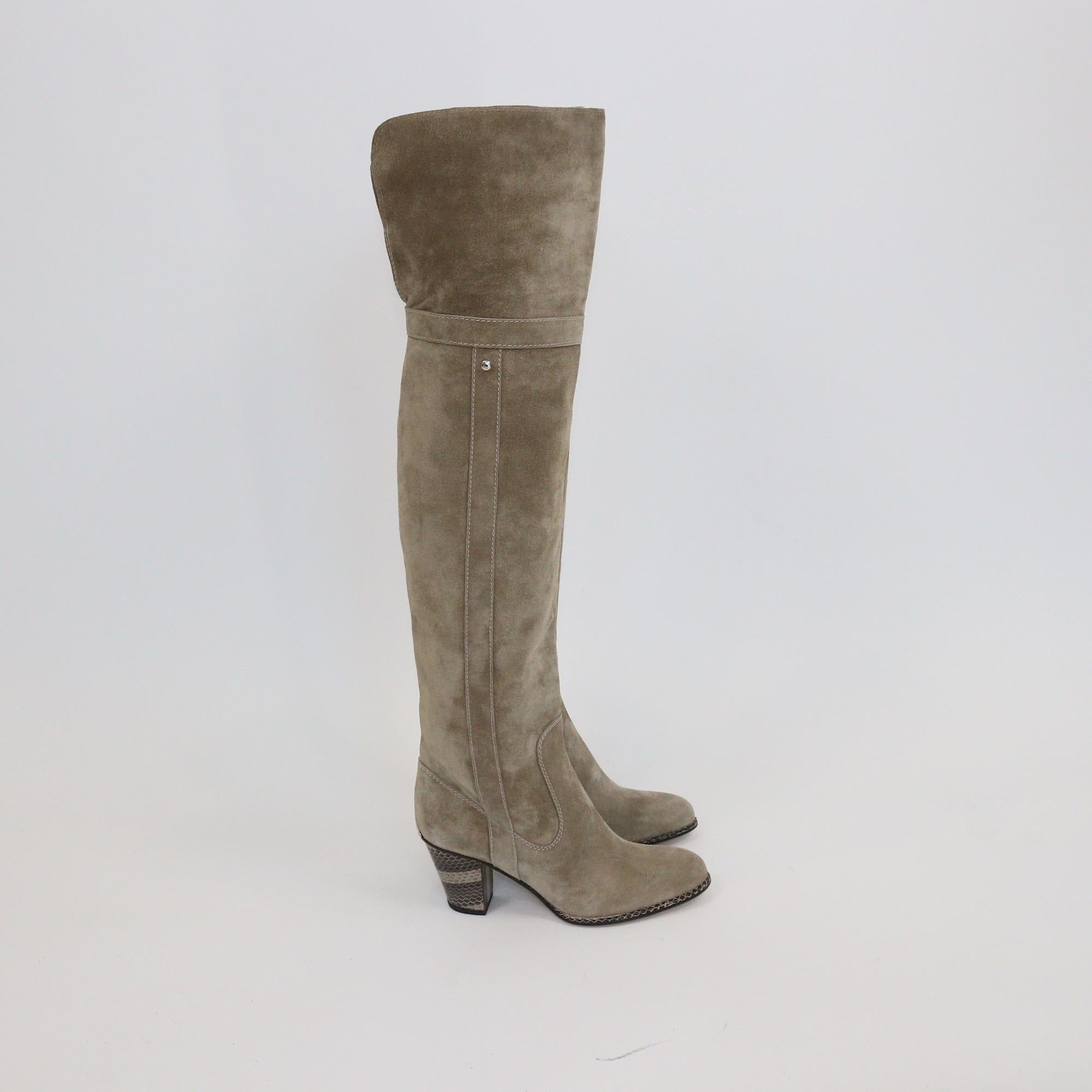 Christian Dior Beige Snakeskin Trim and Heels High Knee Boots Womens Christian Dior 