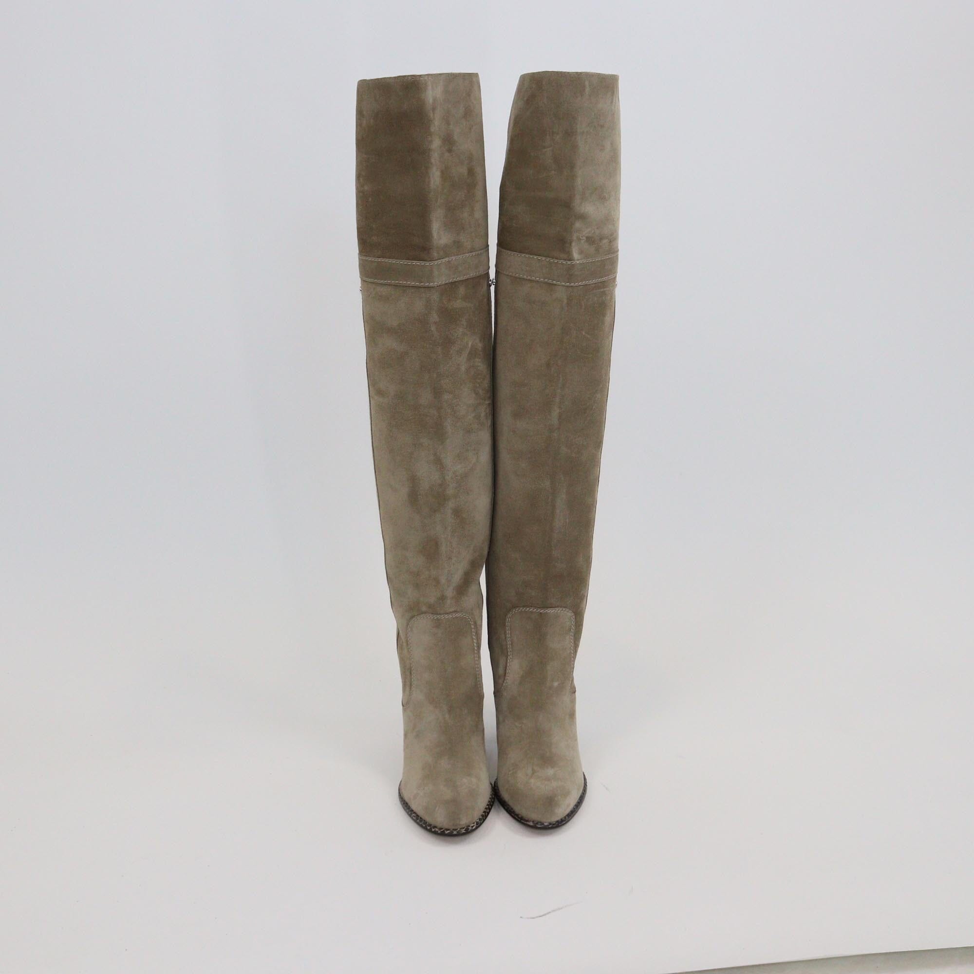 Christian Dior Beige Snakeskin Trim and Heels High Knee Boots Womens Christian Dior 
