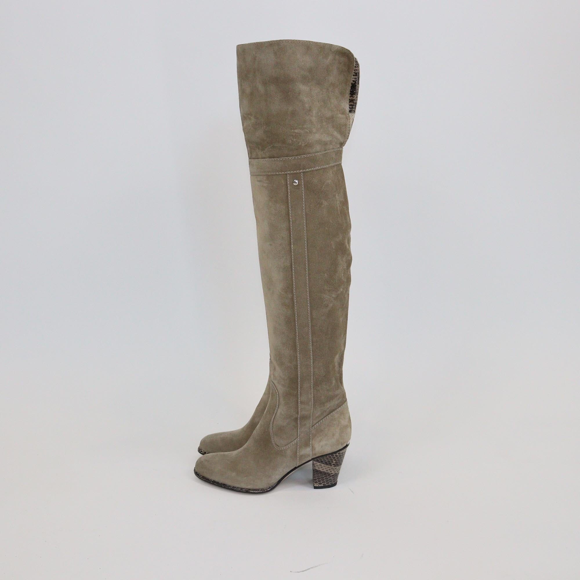 Christian Dior Beige Snakeskin Trim and Heels High Knee Boots Womens Christian Dior 