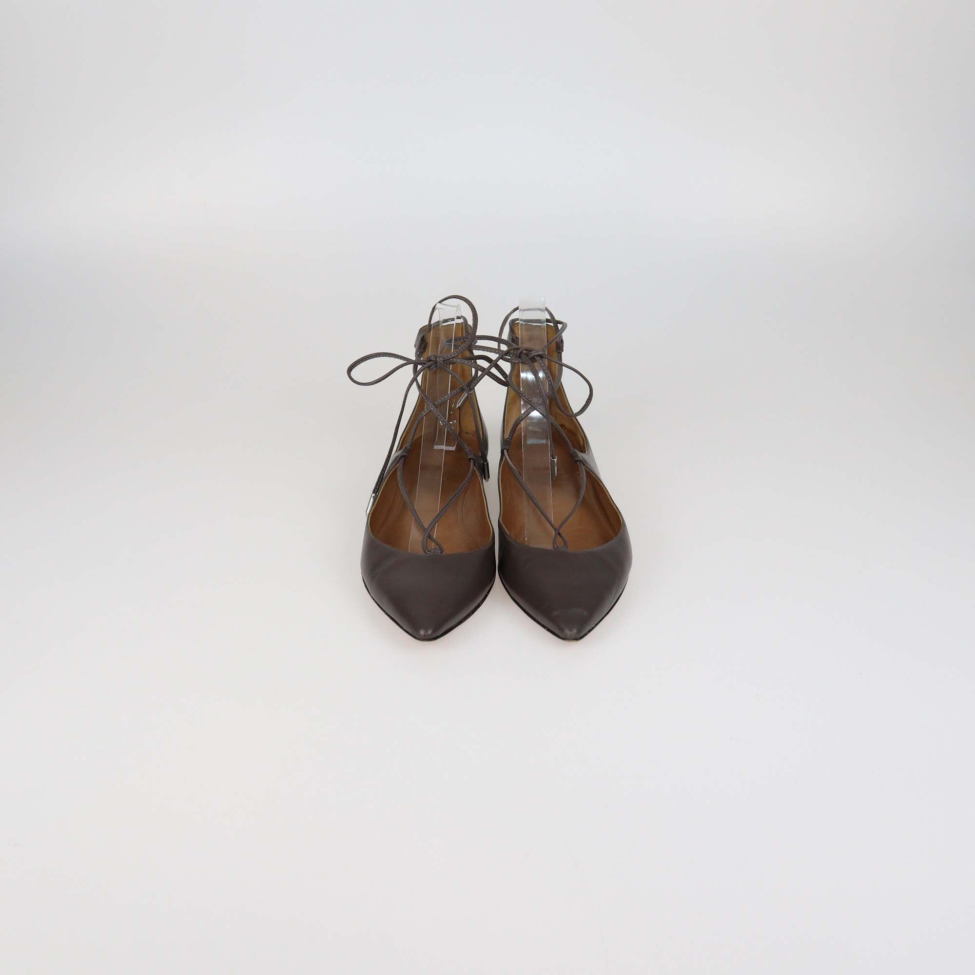 Aquazzura Dark Beige Leather Lace Up Christy Pointed Toe Flats