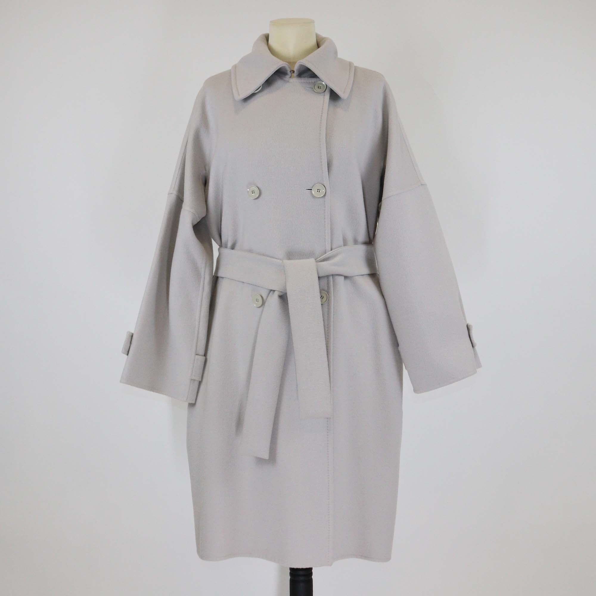 Max Mara Grey Blend Wool Double Breasted Belted Trench Coat