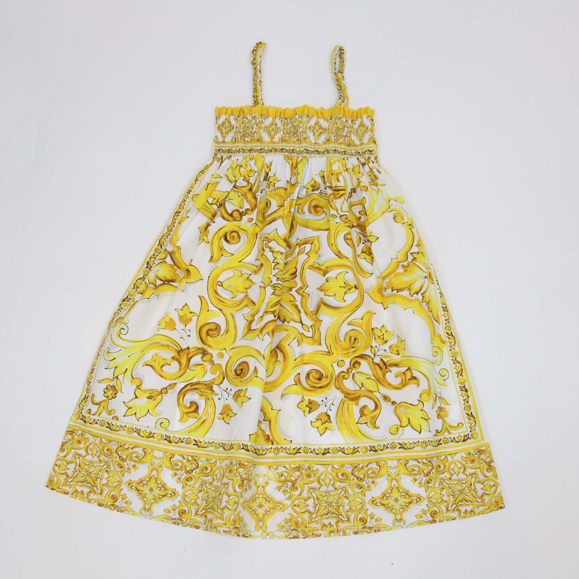 Dolce & Gabbana Kids Yellow/White Cotton Majolica Print Sleeveless Dress