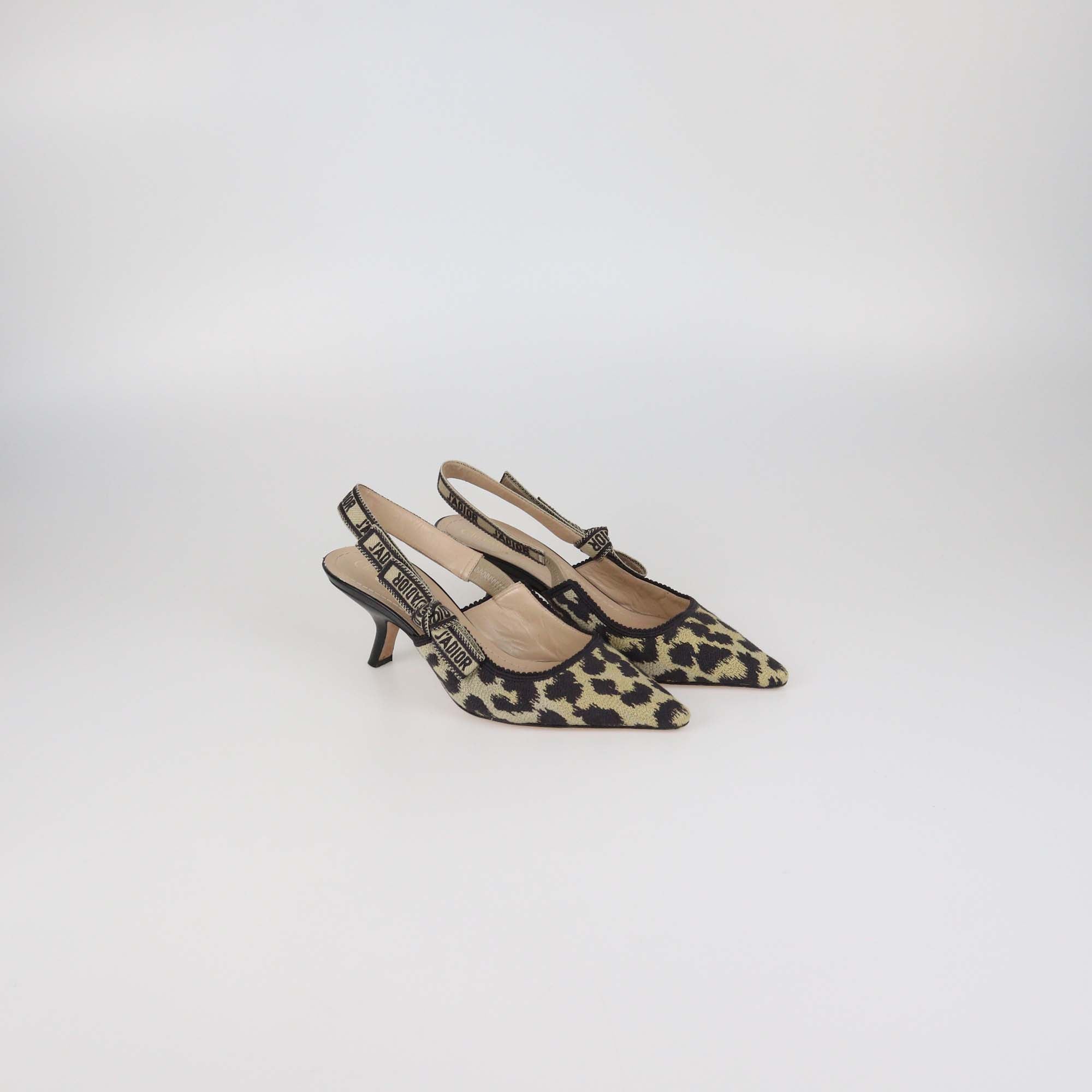Christian Dior Black/Cream Leopard Print Fabric J'Adior Slingback Pumps