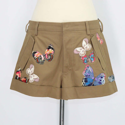 Valentino Khaki Cotton Butterfly Embroidered Mini Short
