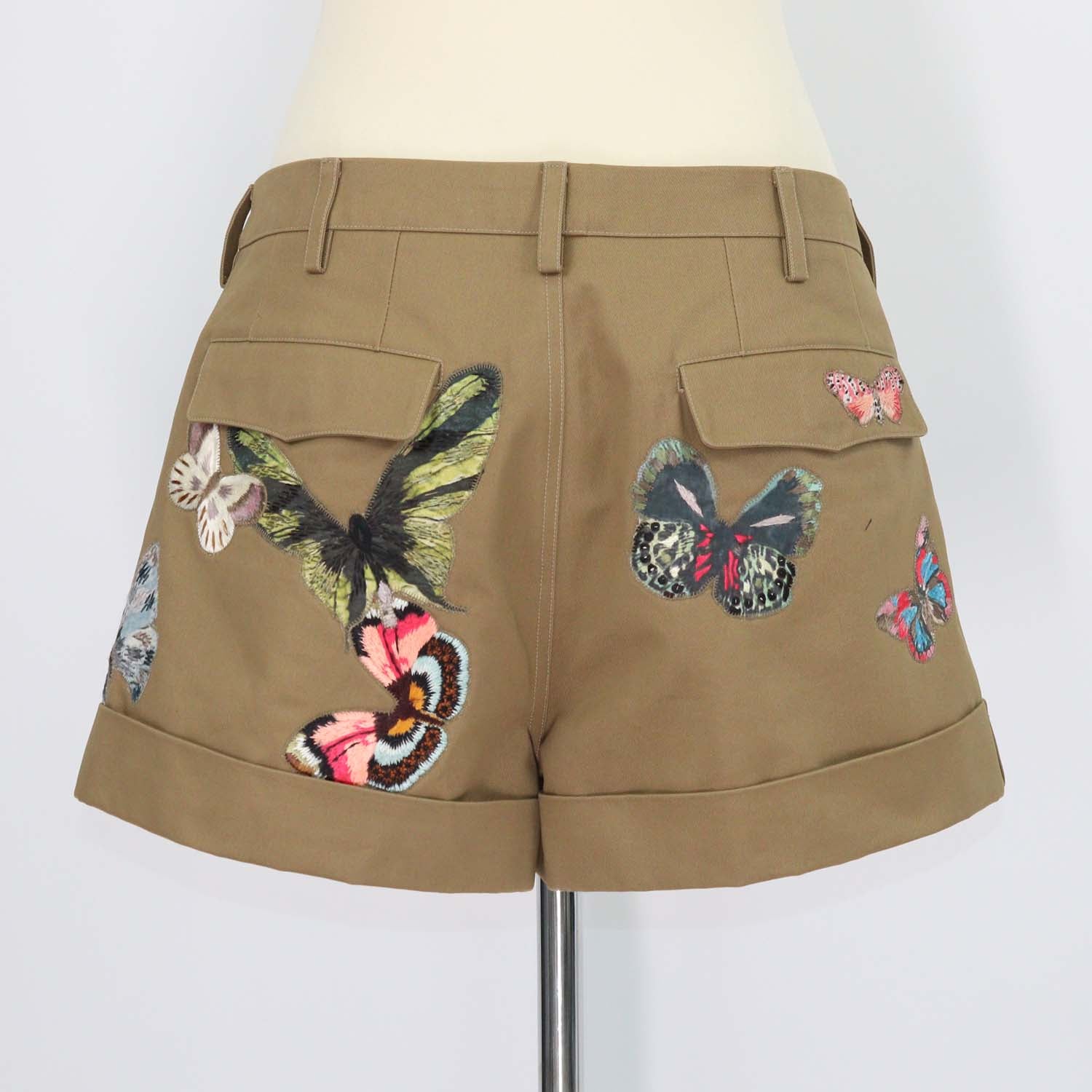 Valentino Khaki Cotton Butterfly Embroidered Mini Short
