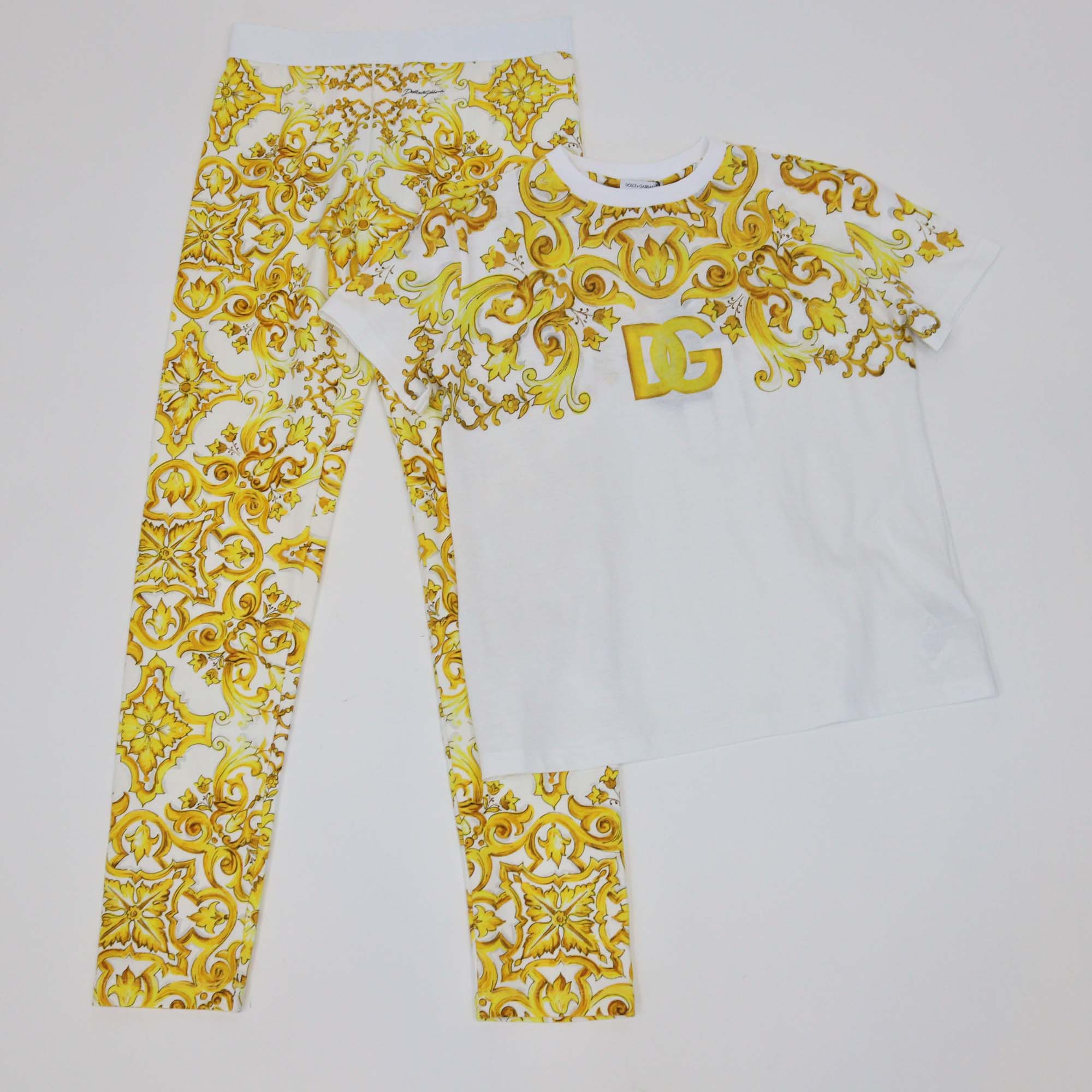 Dolce & Gabbana Kids White/Yellow Cotton Majolica Print T-Shirt and Leggings Set