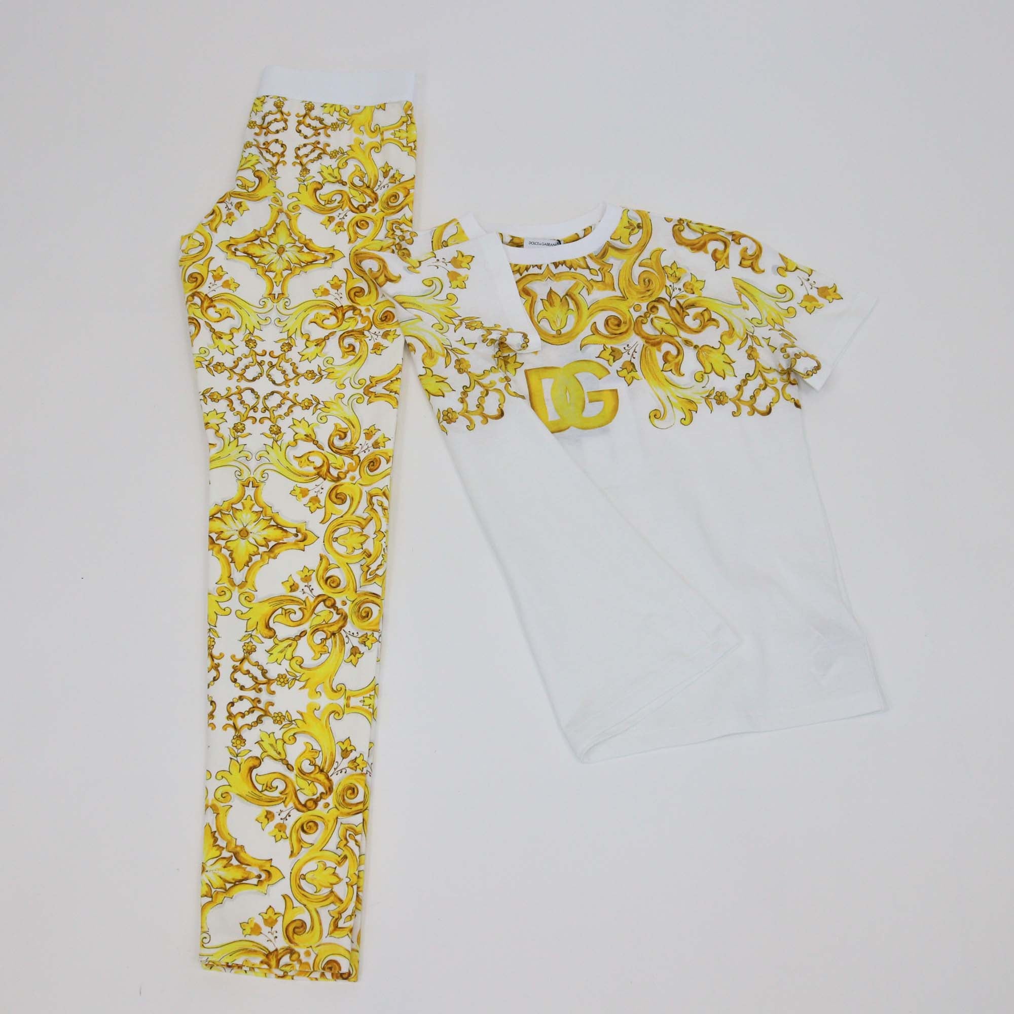 Dolce & Gabbana Kids White/Yellow Cotton Majolica Print T-Shirt and Leggings Set
