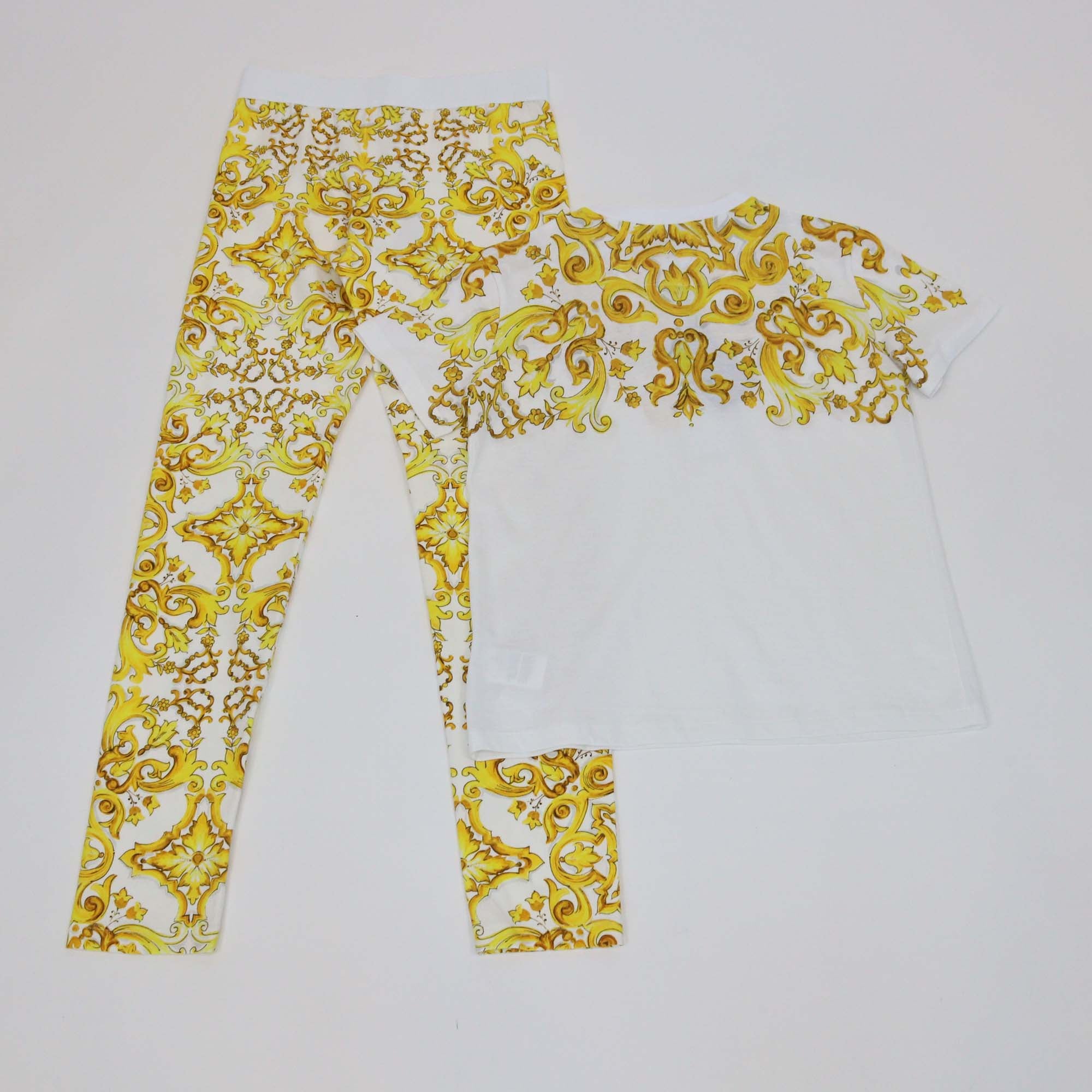 Dolce & Gabbana Kids White/Yellow Cotton Majolica Print T-Shirt and Leggings Set