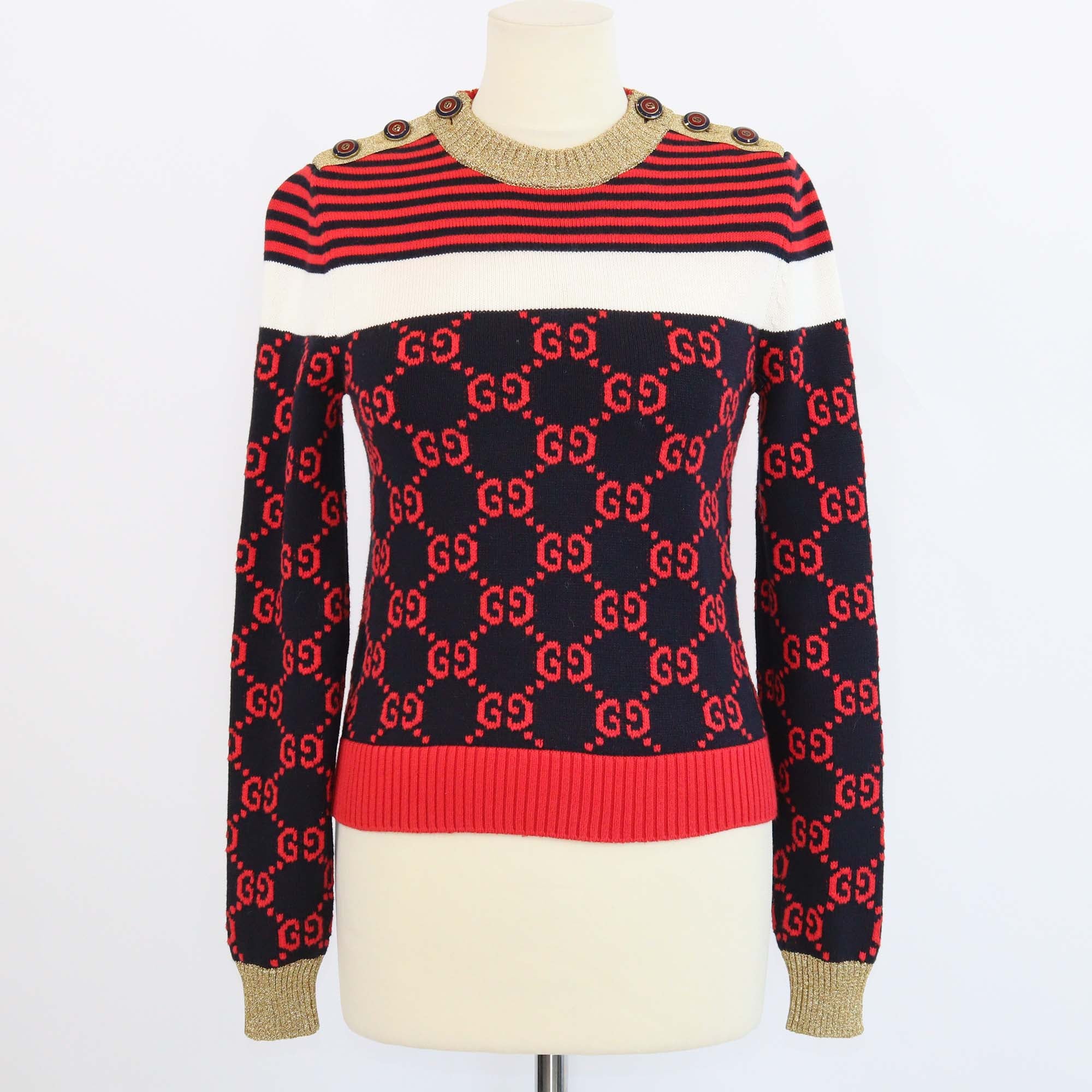 Gucci Multicolor Cotton and Lurex GG & Striped Knitted Button Shoulder Sweater