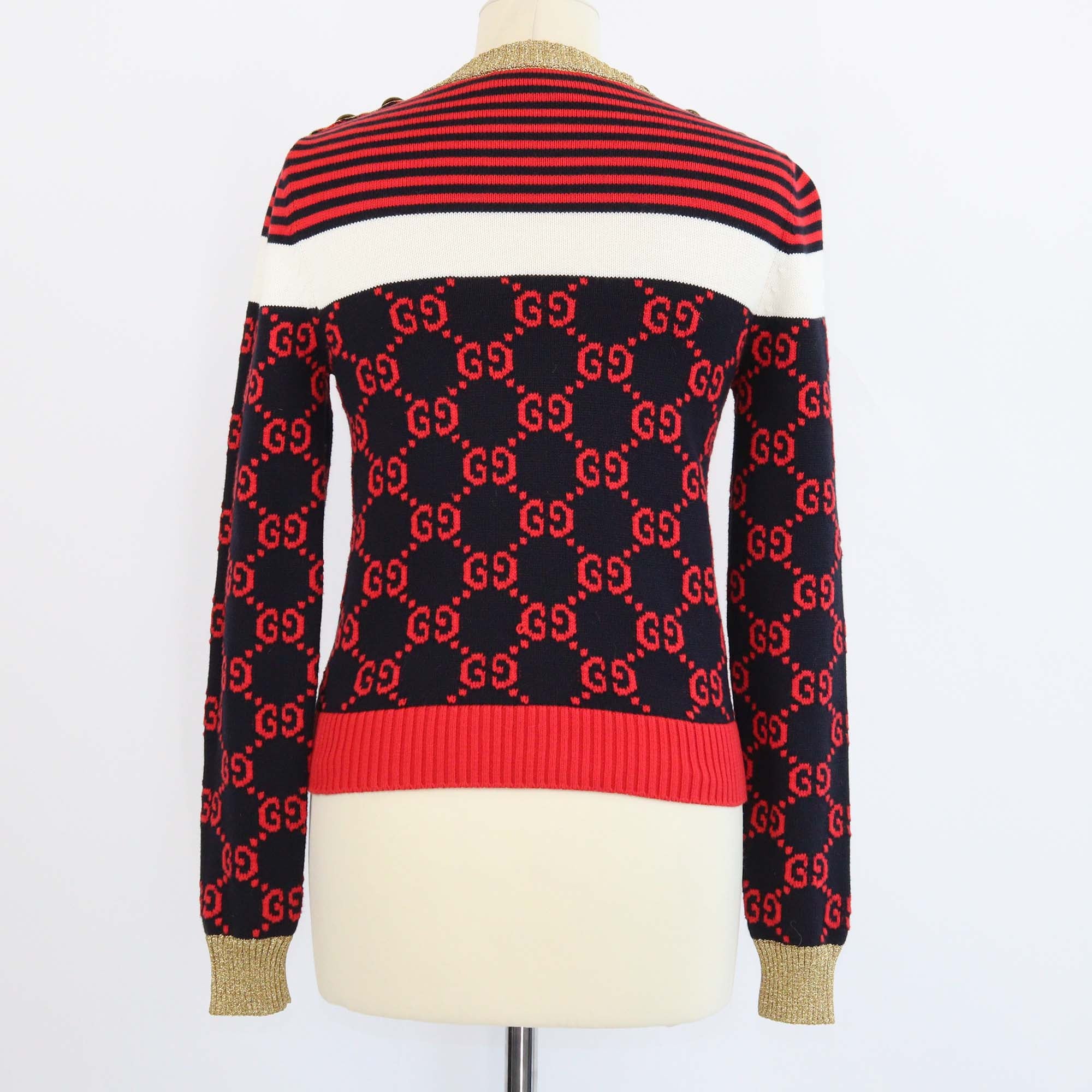 Gucci Multicolor Cotton and Lurex GG & Striped Knitted Button Shoulder Sweater