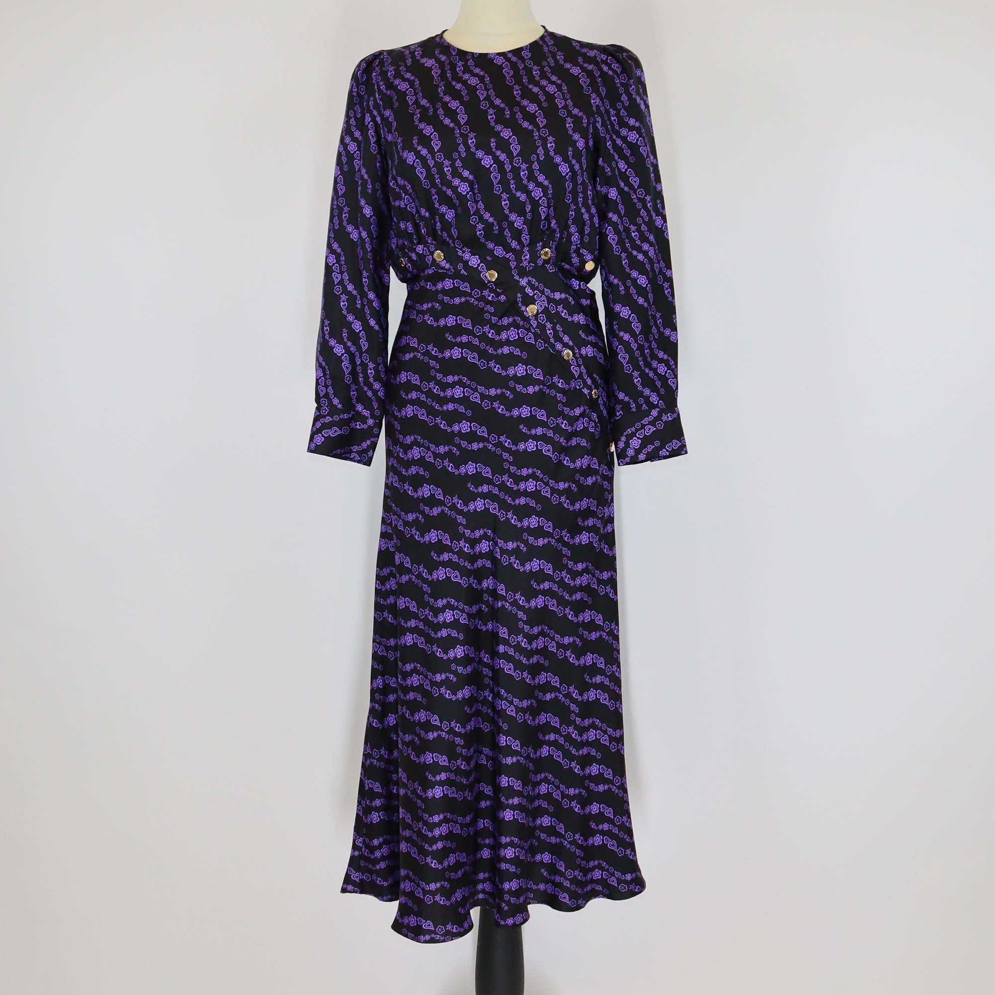 Sandro Black/Purple Silk Printed Button Detail Midi Dress