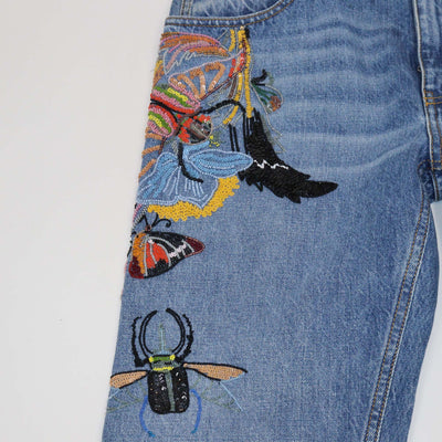 Alexander McQueen Blue Denim Sequins & Beads Embellished Pants