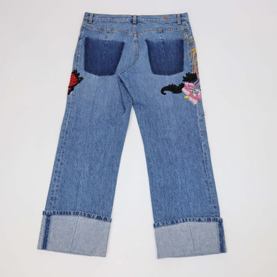 Alexander McQueen Blue Denim Sequins & Beads Embellished Pants