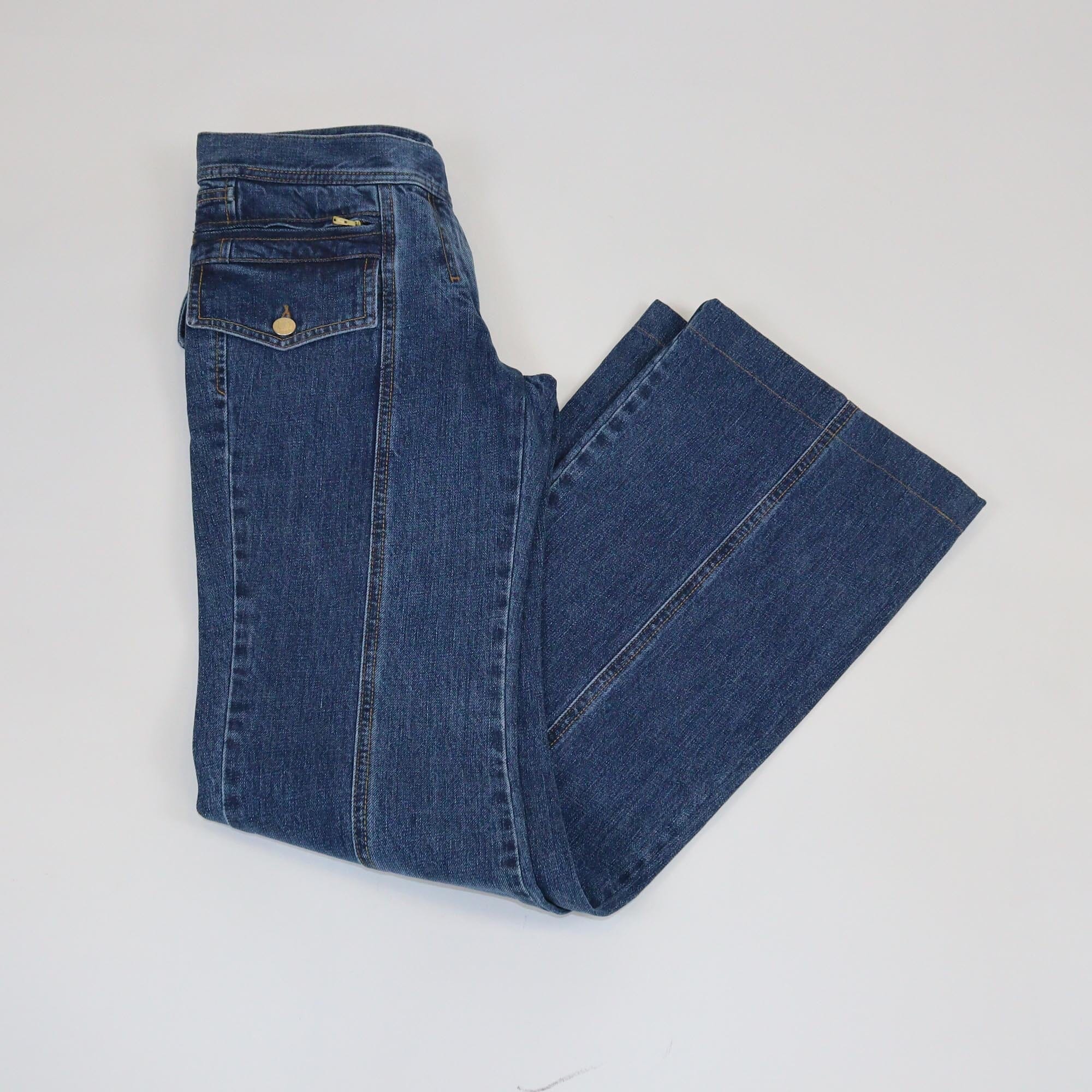 Saint Laurent Blue Denim Embroidered Logo Wide Leg Jeans Womens Saint Laurent 