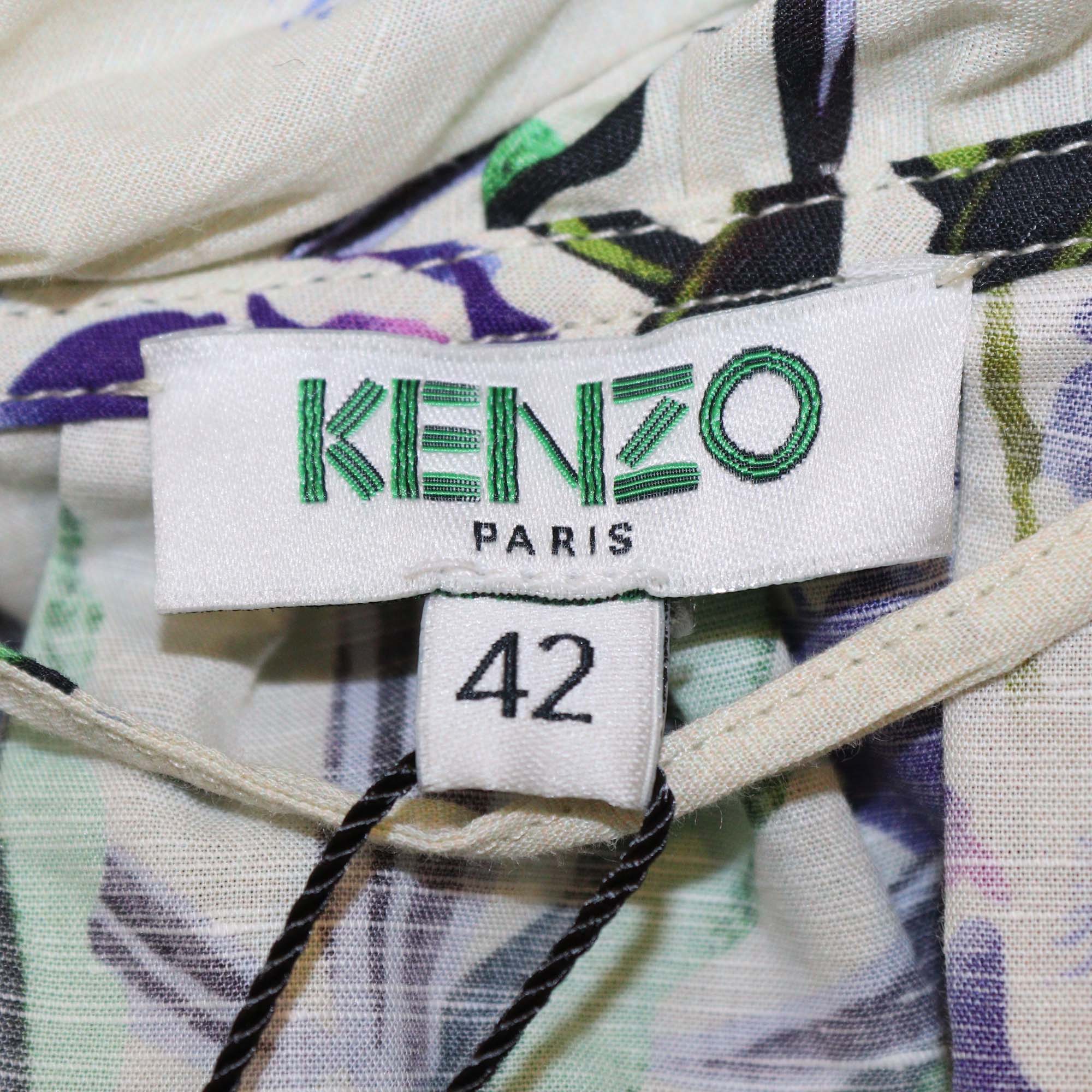 Kenzo Light Green/Multicolor Printed Cotton & Linen Blend Collar Belted Long Dress