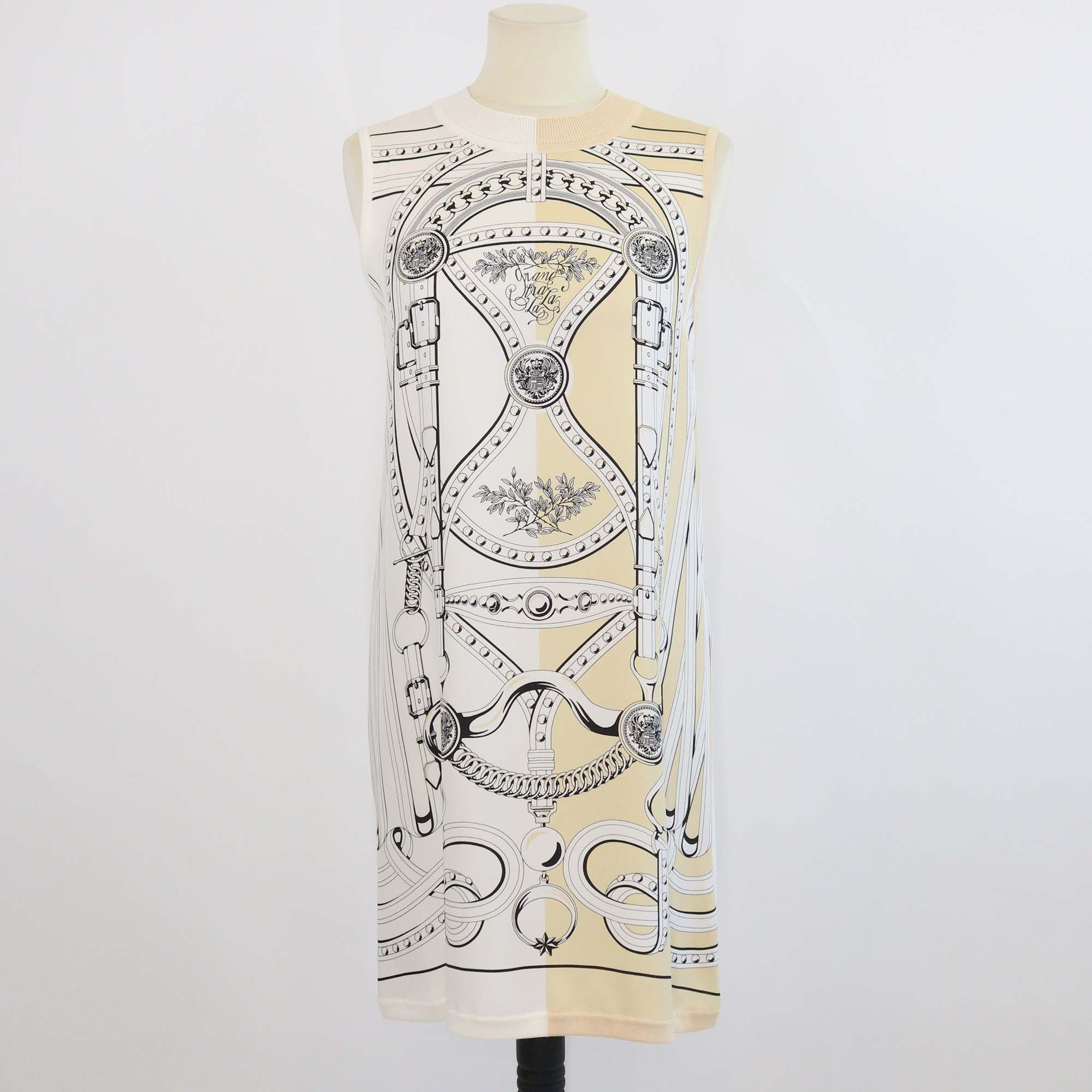 Hermes White/Creme Silk Grand Tralala Print Sleeveless Shift Dress