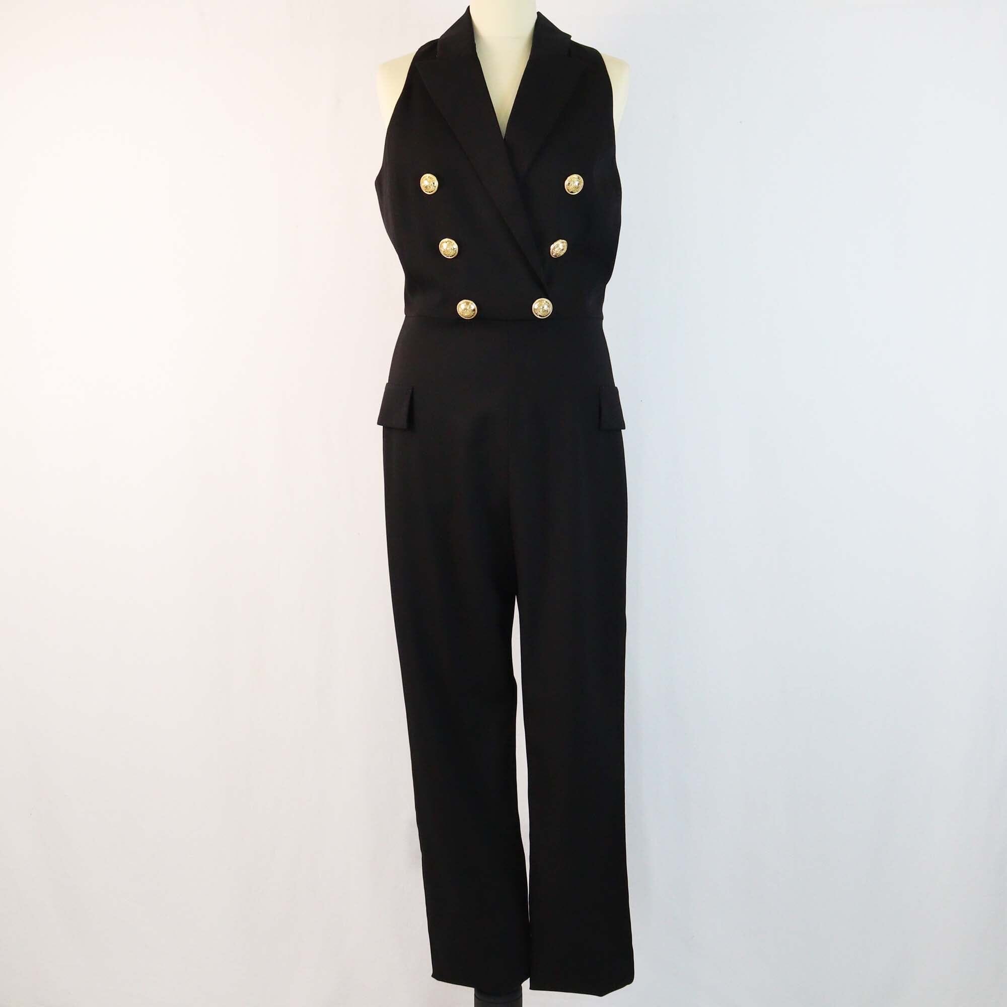 Balmain Black Button Embellished Cady Halterneck Jumpsuit Womens Balmain 