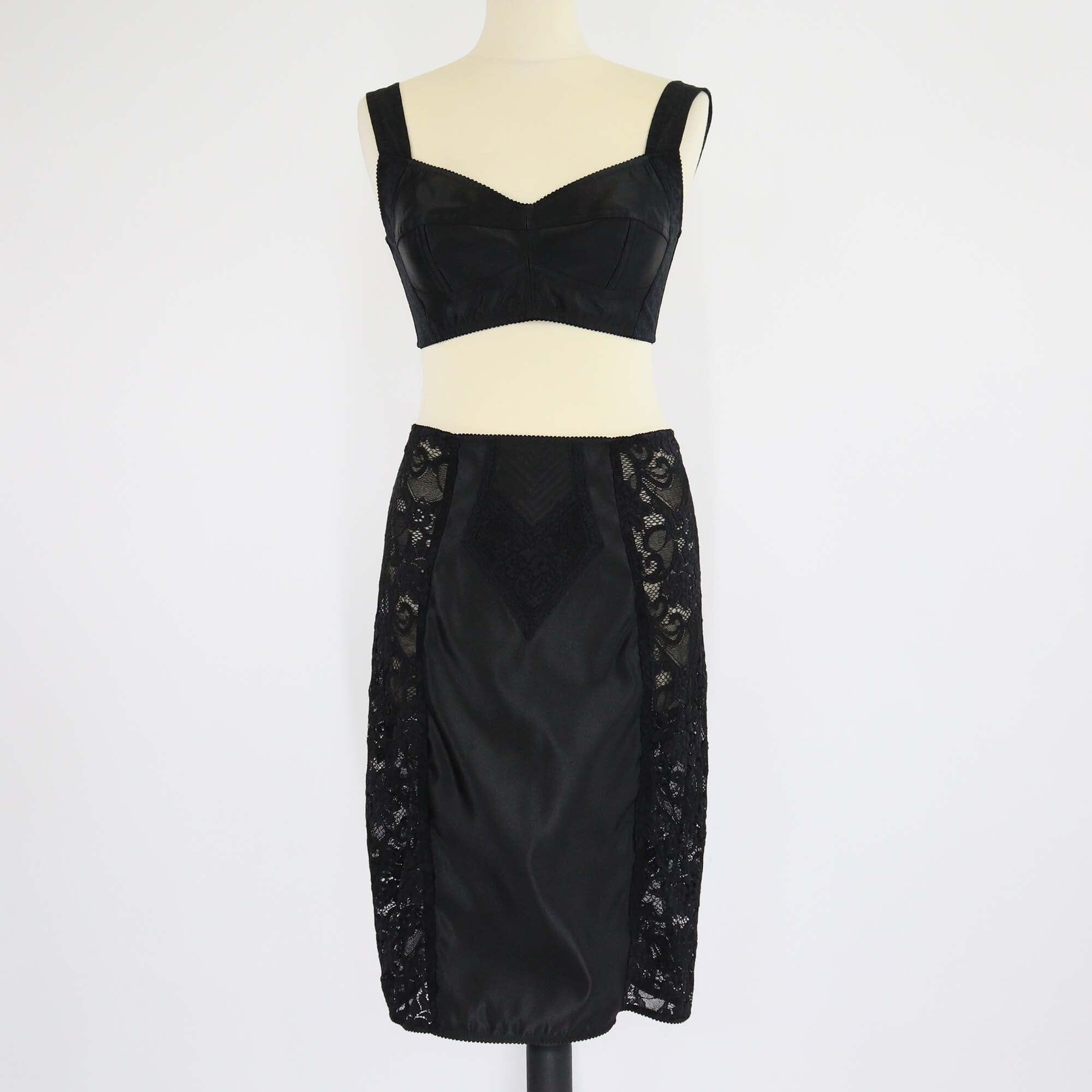 Dolce & Gabbana Black Nylon Blended Lace Detail Crop Top & Midi Skirt Set Womens Dolce & Gabbana 