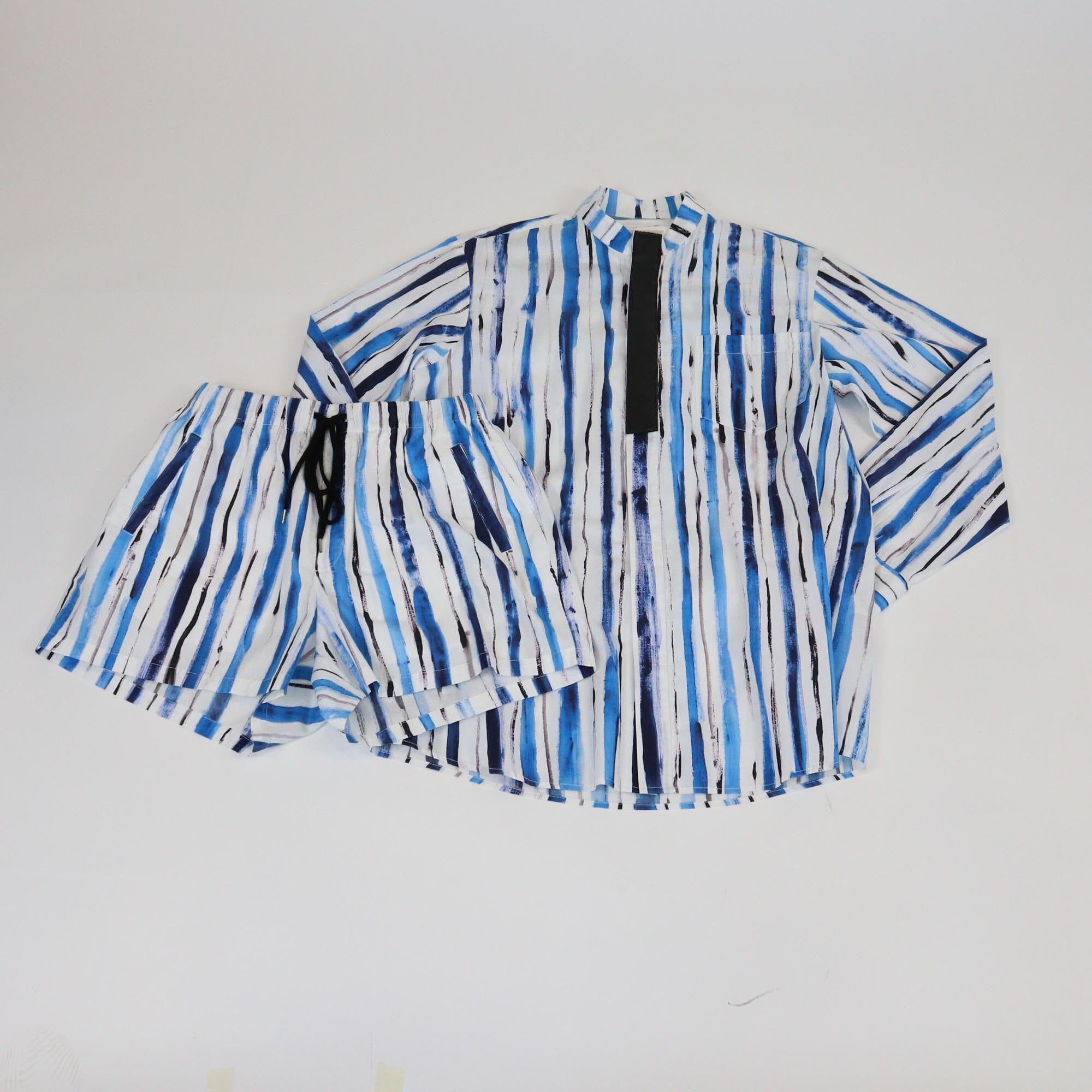 Christopher Kane White/Blue Striped Leather Trim Button Up Shirt & Drawstring Mini Short Set Womens Christopher Kane 