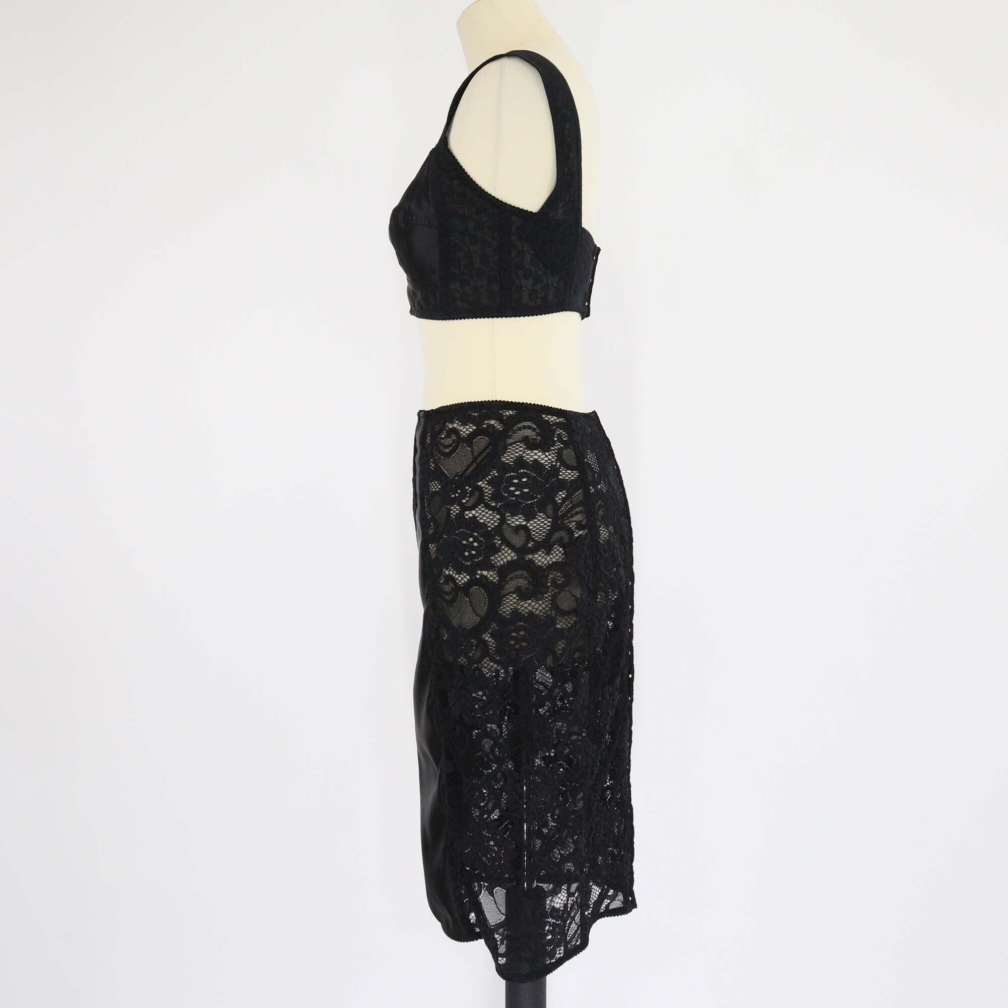 Dolce & Gabbana Black Nylon Blended Lace Detail Crop Top & Midi Skirt Set Womens Dolce & Gabbana 