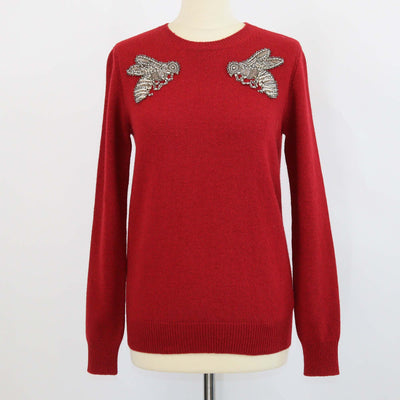 Gucci Red Wool Bee Beaded Embellished Crew Neck Long Sleeve Sweater
