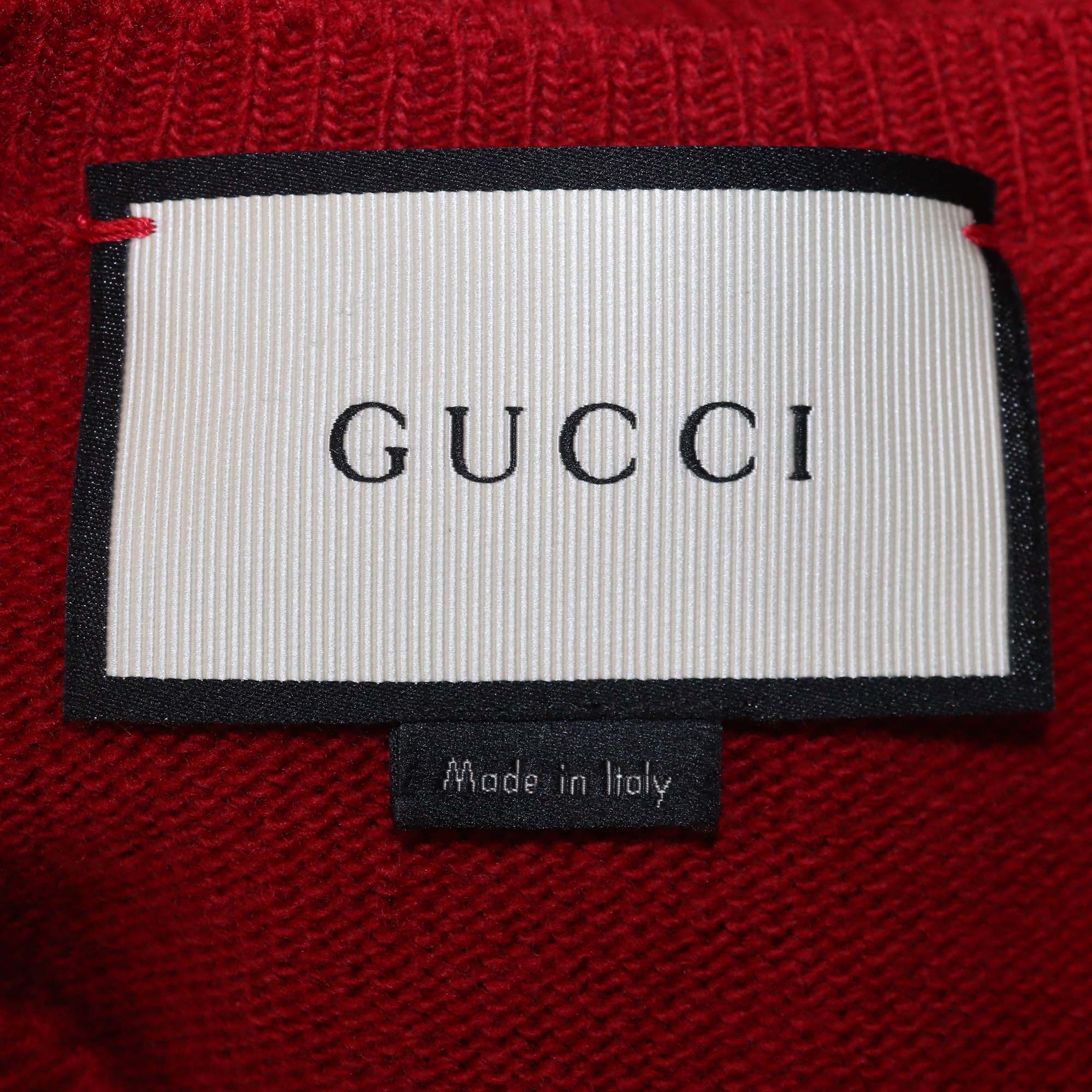 Gucci Red Wool Bee Beaded Embellished Crew Neck Long Sleeve Sweater